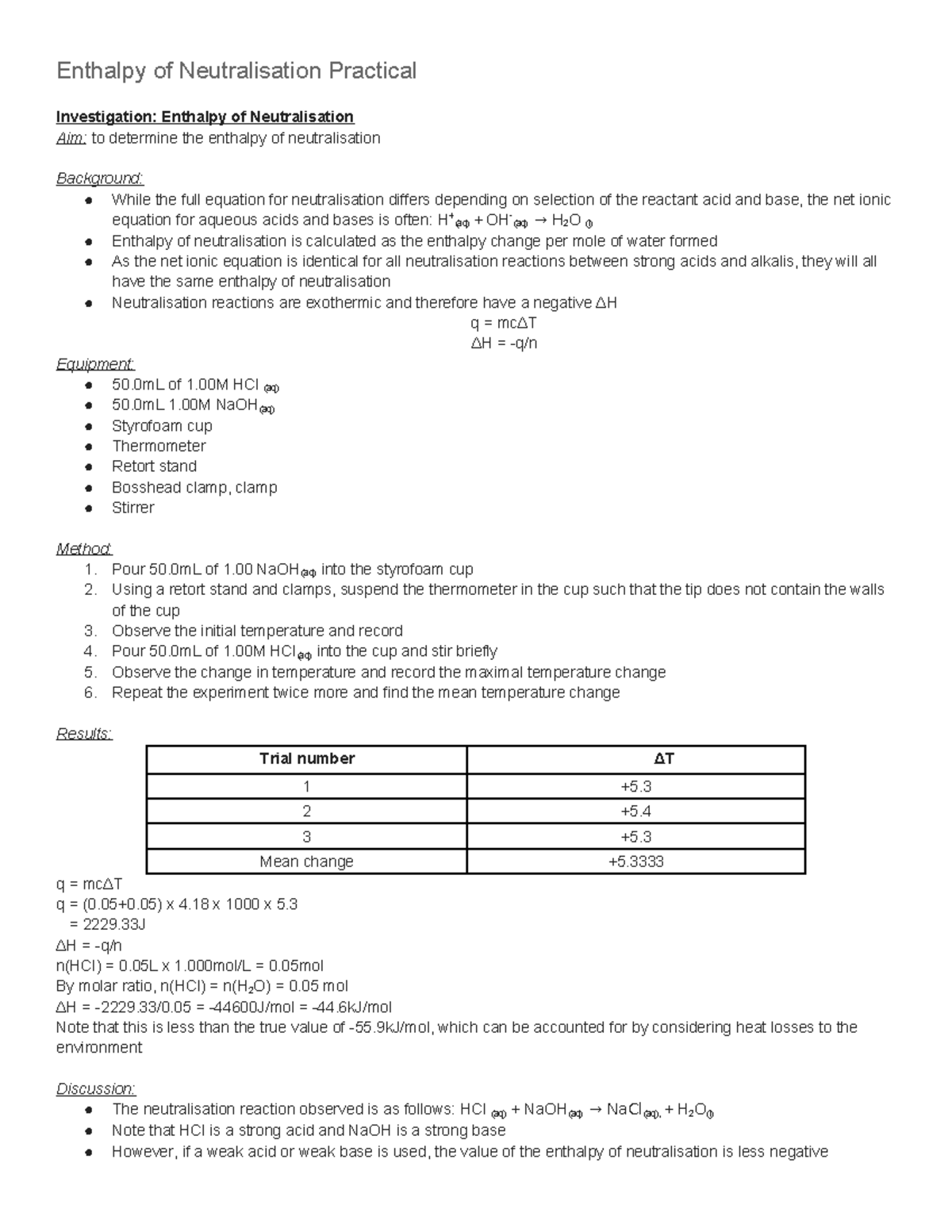 Enthalpy of Neutralisation Practical - Enthalpy of Neutralisation ...