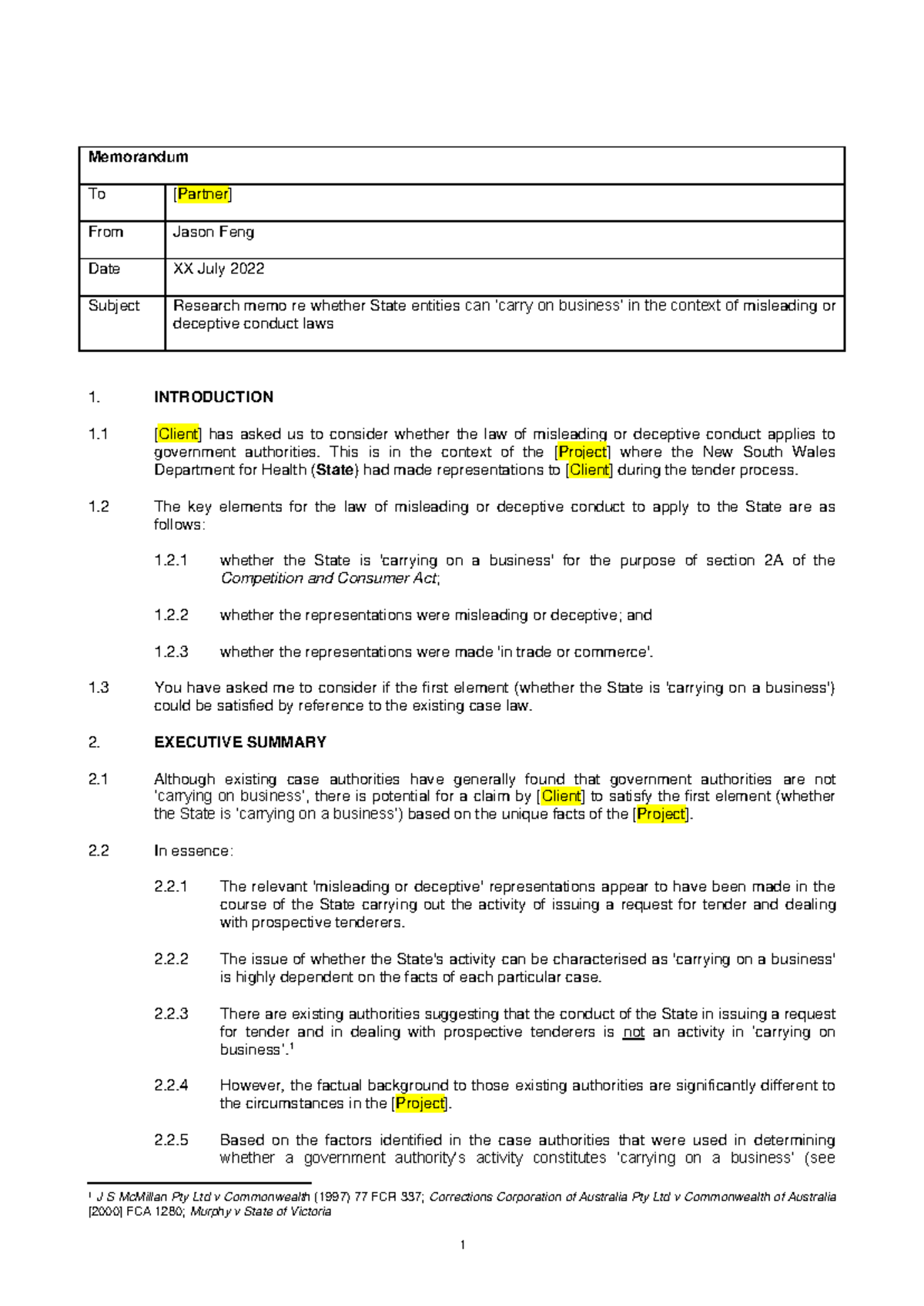 Legal research memo example 1658892185 Memorandum To [Partner] From