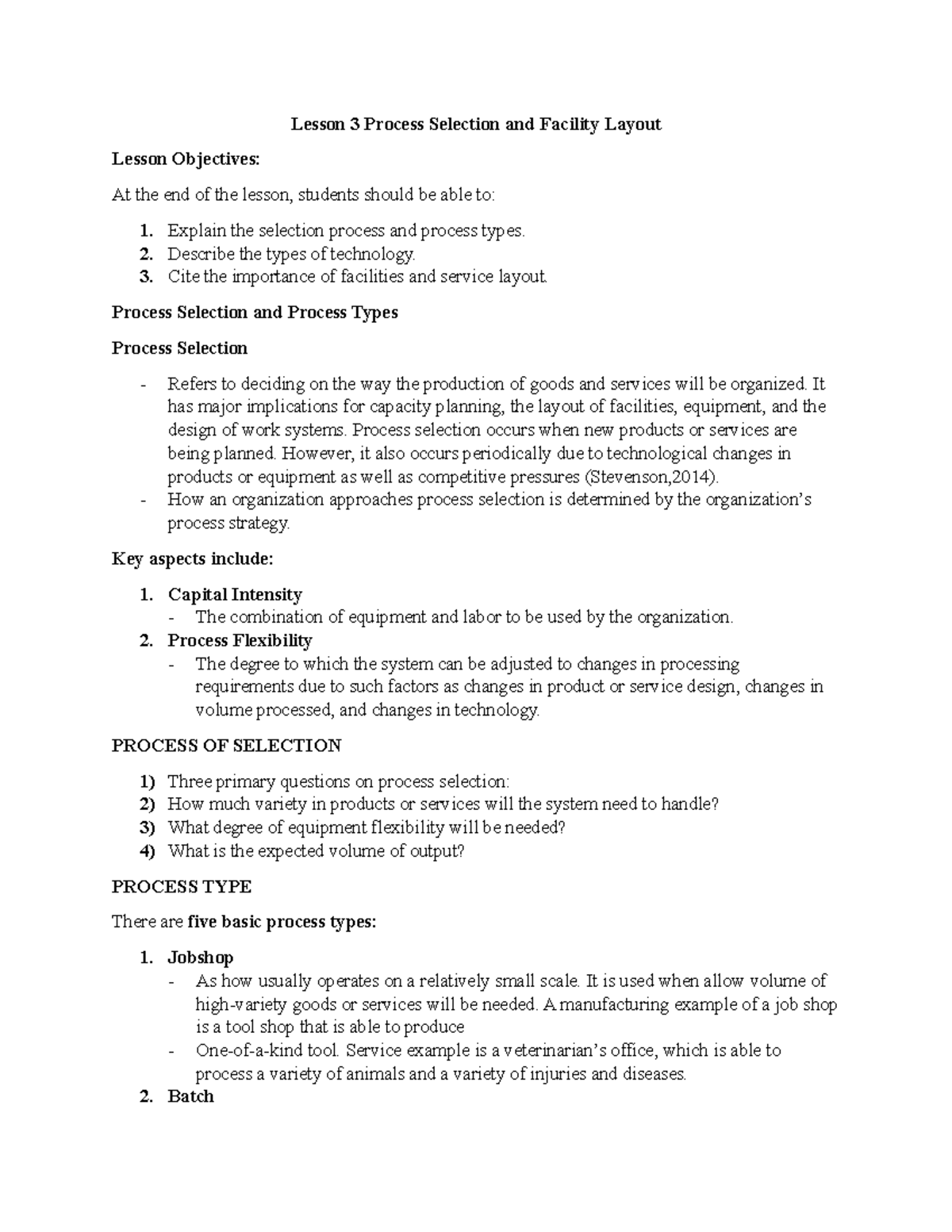 Lesson 3 Process Selection and Facility Layout - Business ...