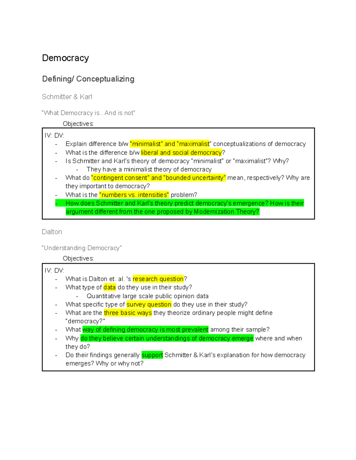 Exam 2 - Objectives Answered - Democracy Defining/ Conceptualizing ...