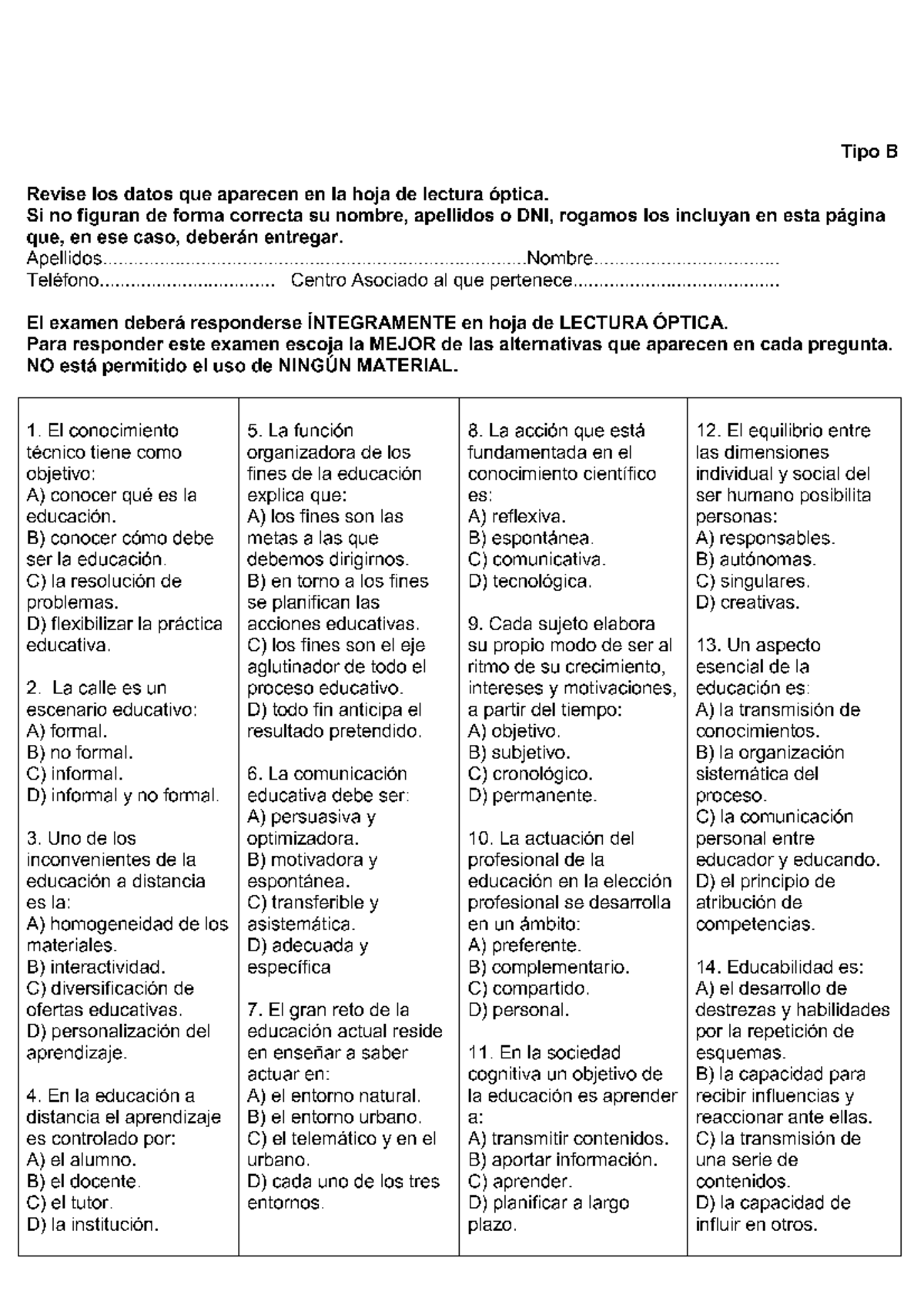 Examen Septiembre 2010, Preguntas - Tipo B Revise Los Datos Que ...