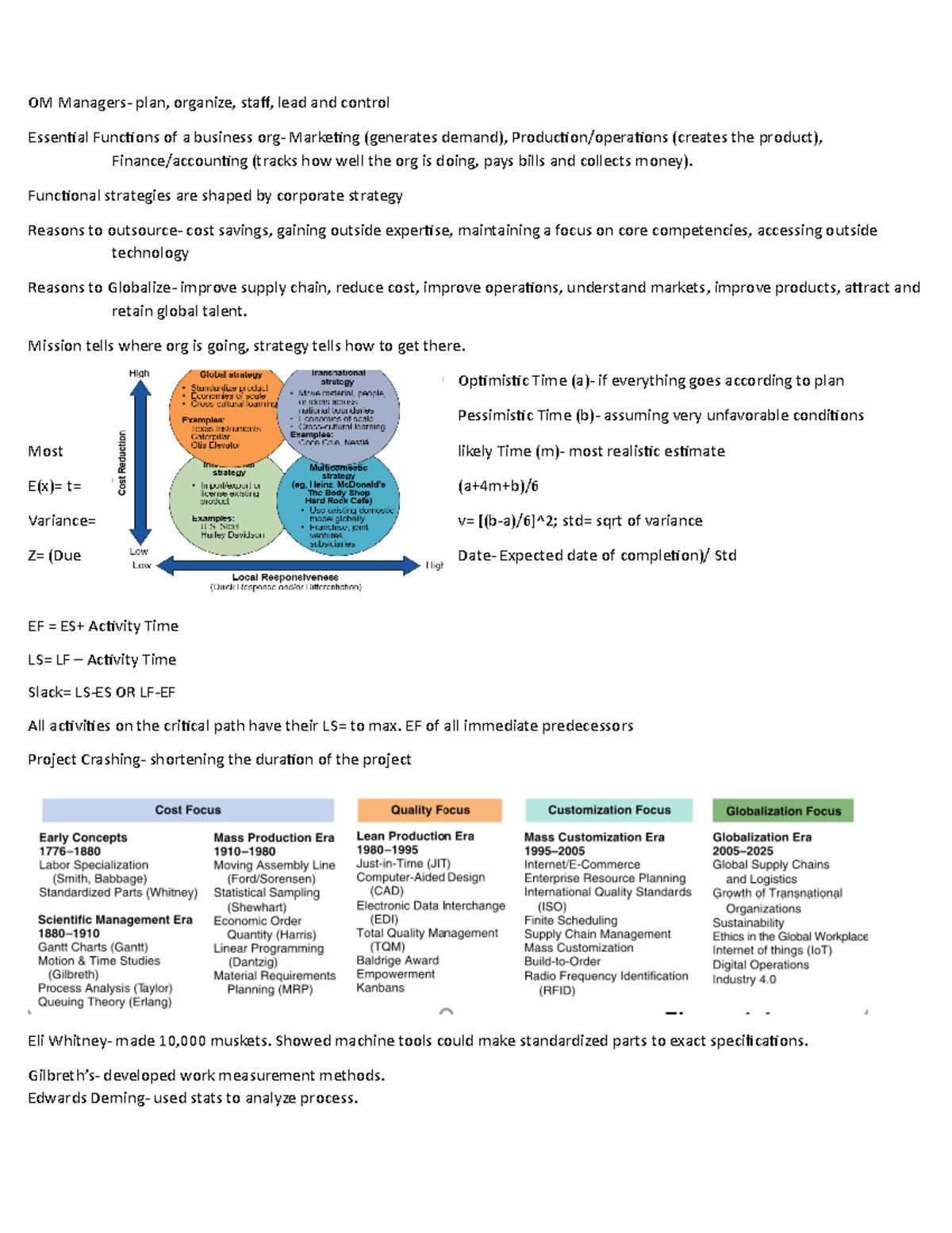 Exam 1 Review Sheet - OM Managers- plan, organize, staff, lead and ...