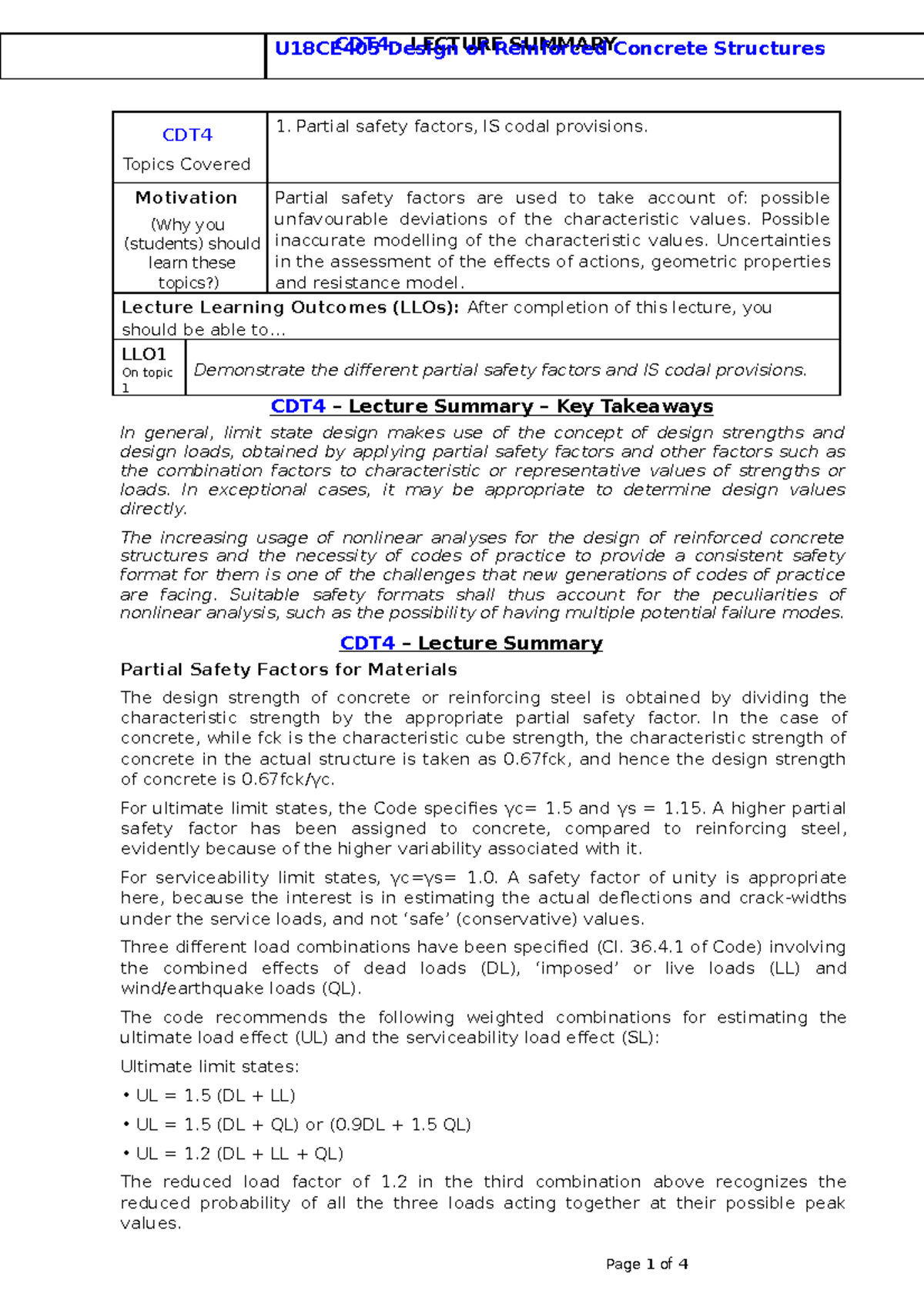 1- design and reinforcememnt - CDT Topics Covered Partial safety ...