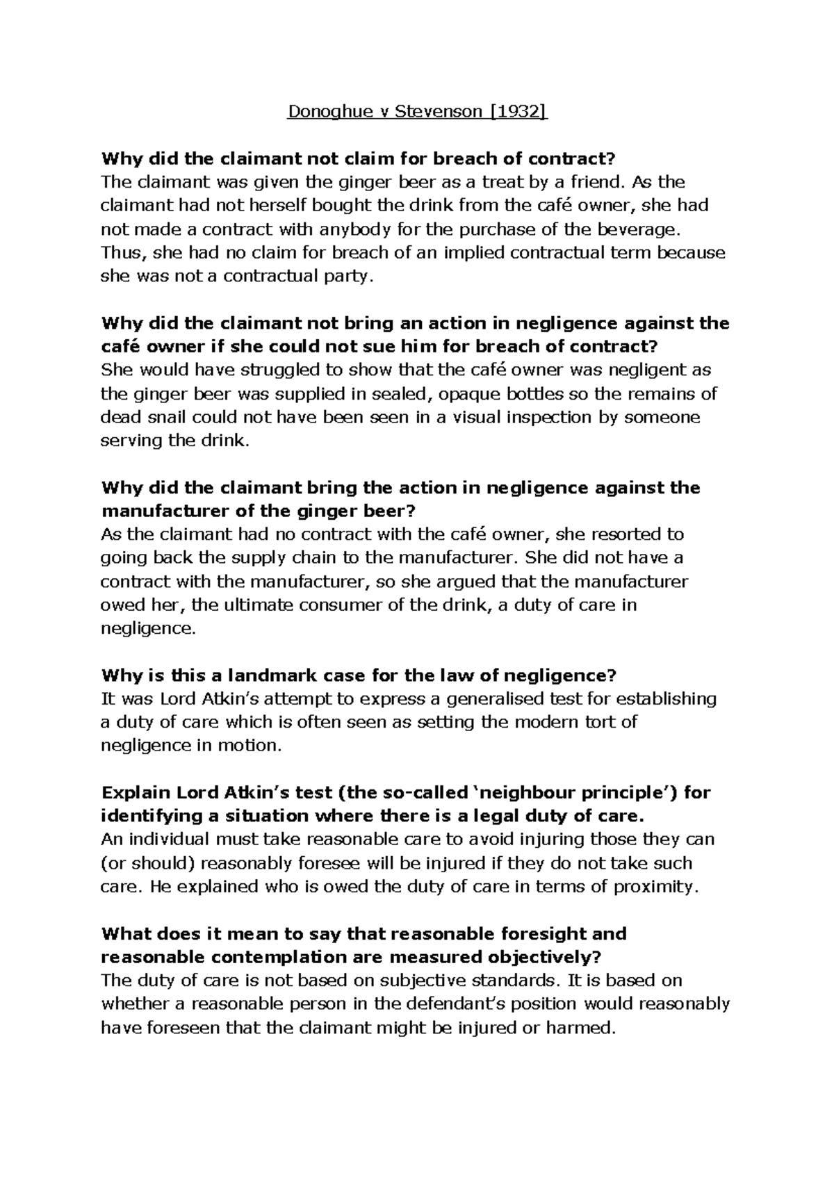 Donoghue v Stevenson Case Note - Donoghue v Stevenson [1932] Why did ...