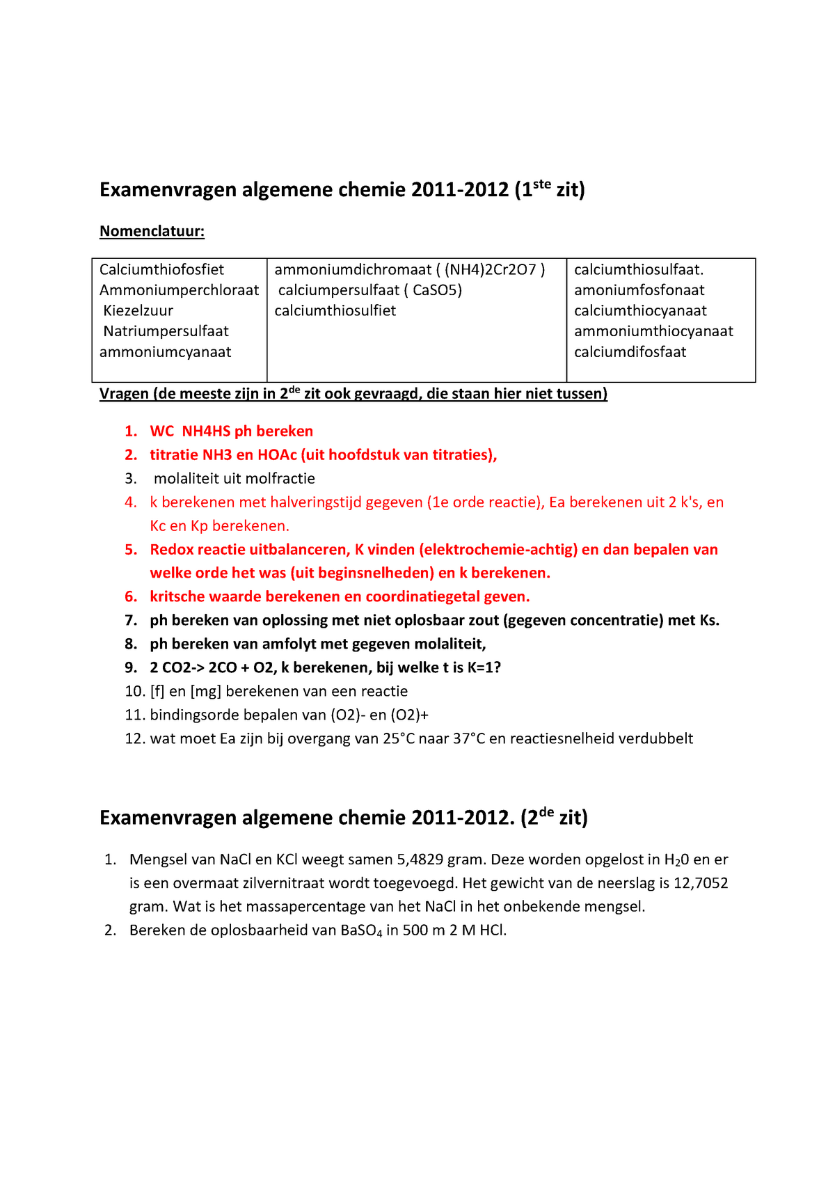 Tentamen 2012, Vragen En Antwoorden - Examenvragen Algemene Chemie 2011 ...