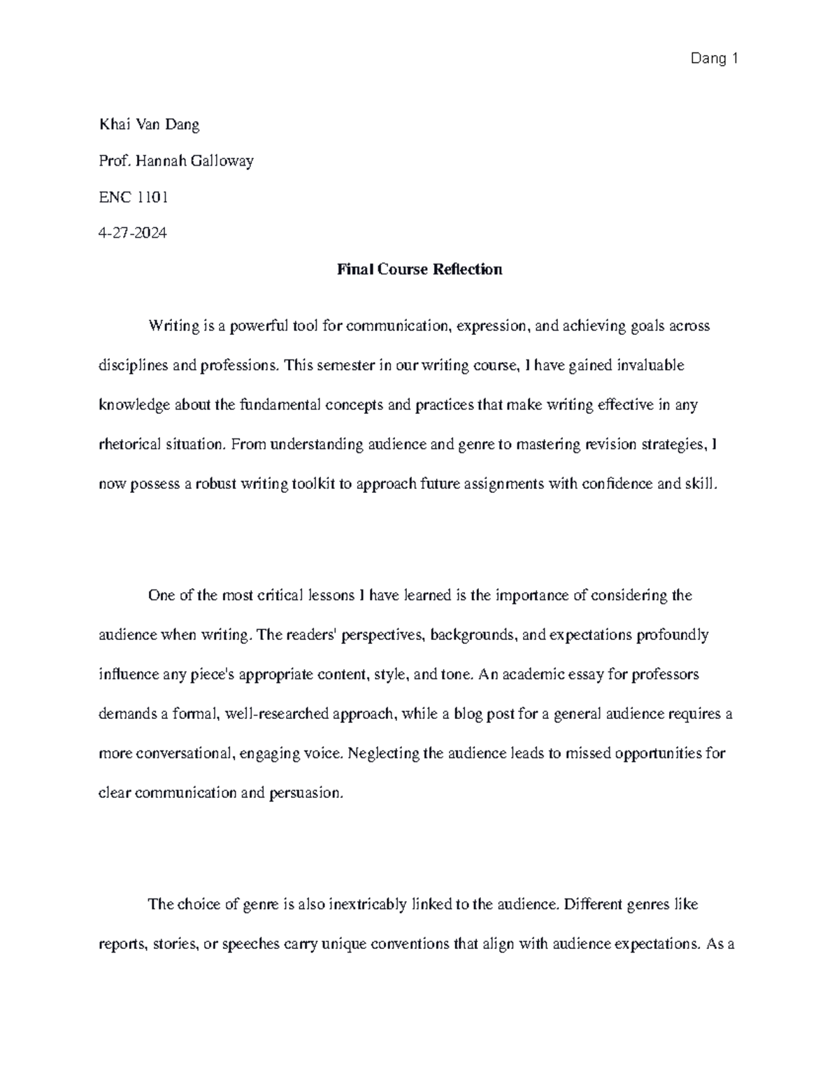 Final Course Reflection - Khai Van Dang Prof. Hannah Galloway ENC 1101 ...