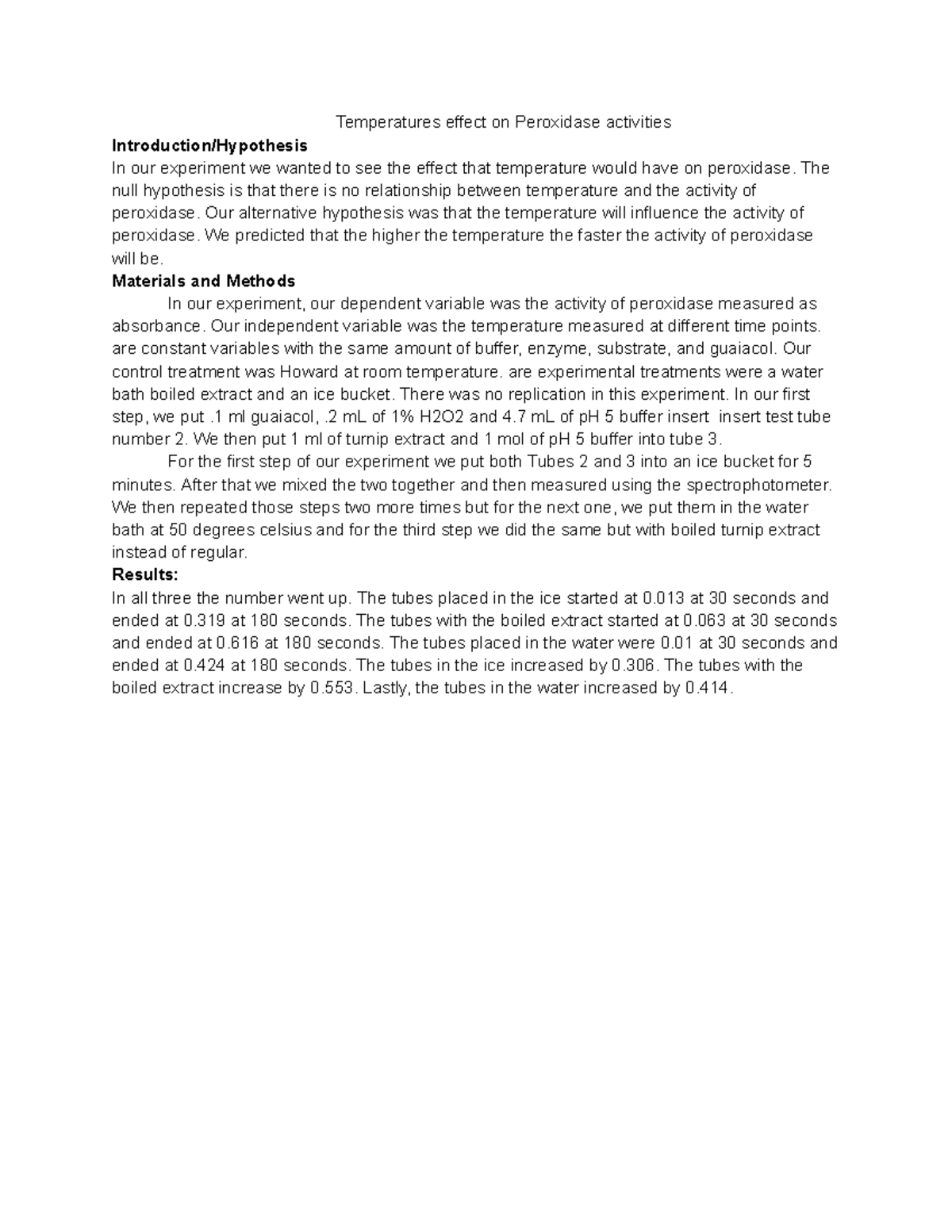 Enzyme Catalysis Lab Report Temperatures effect on Peroxidase