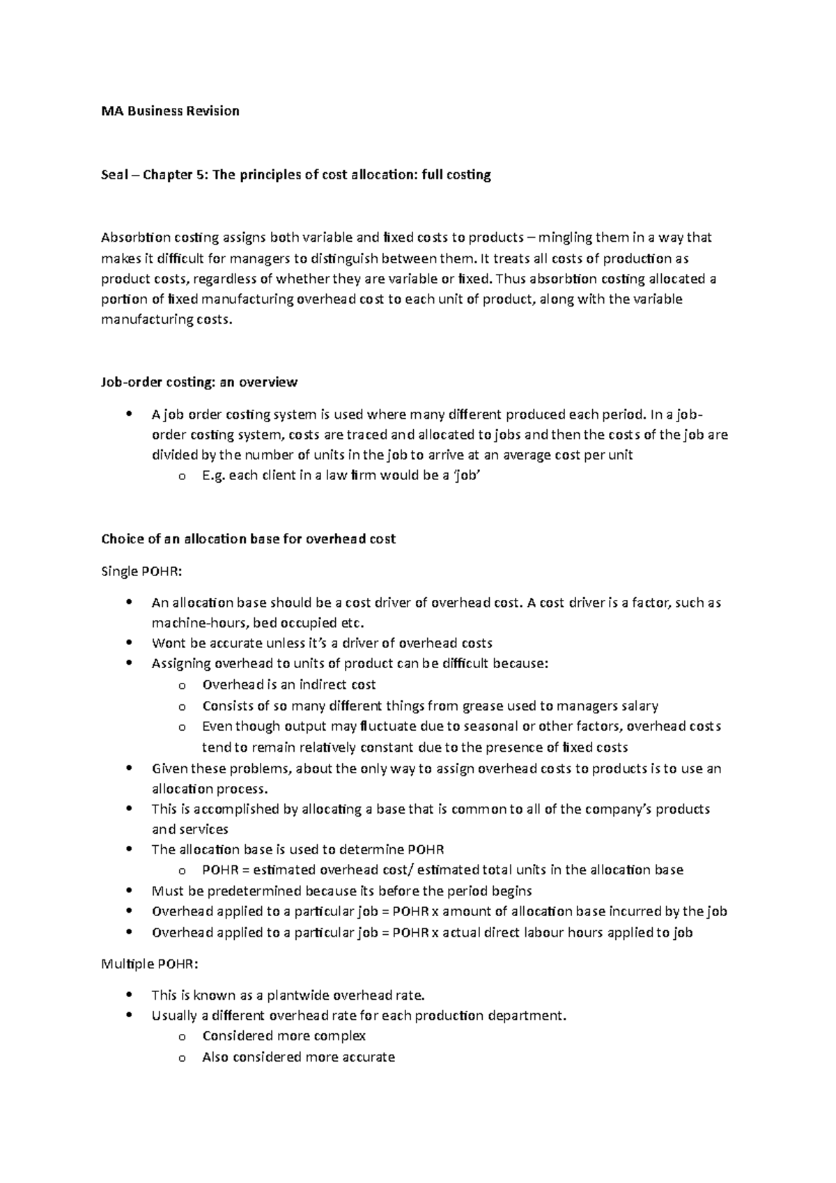 Seal Chapter 5 - Summary Management Accounting For Business Decisions ...