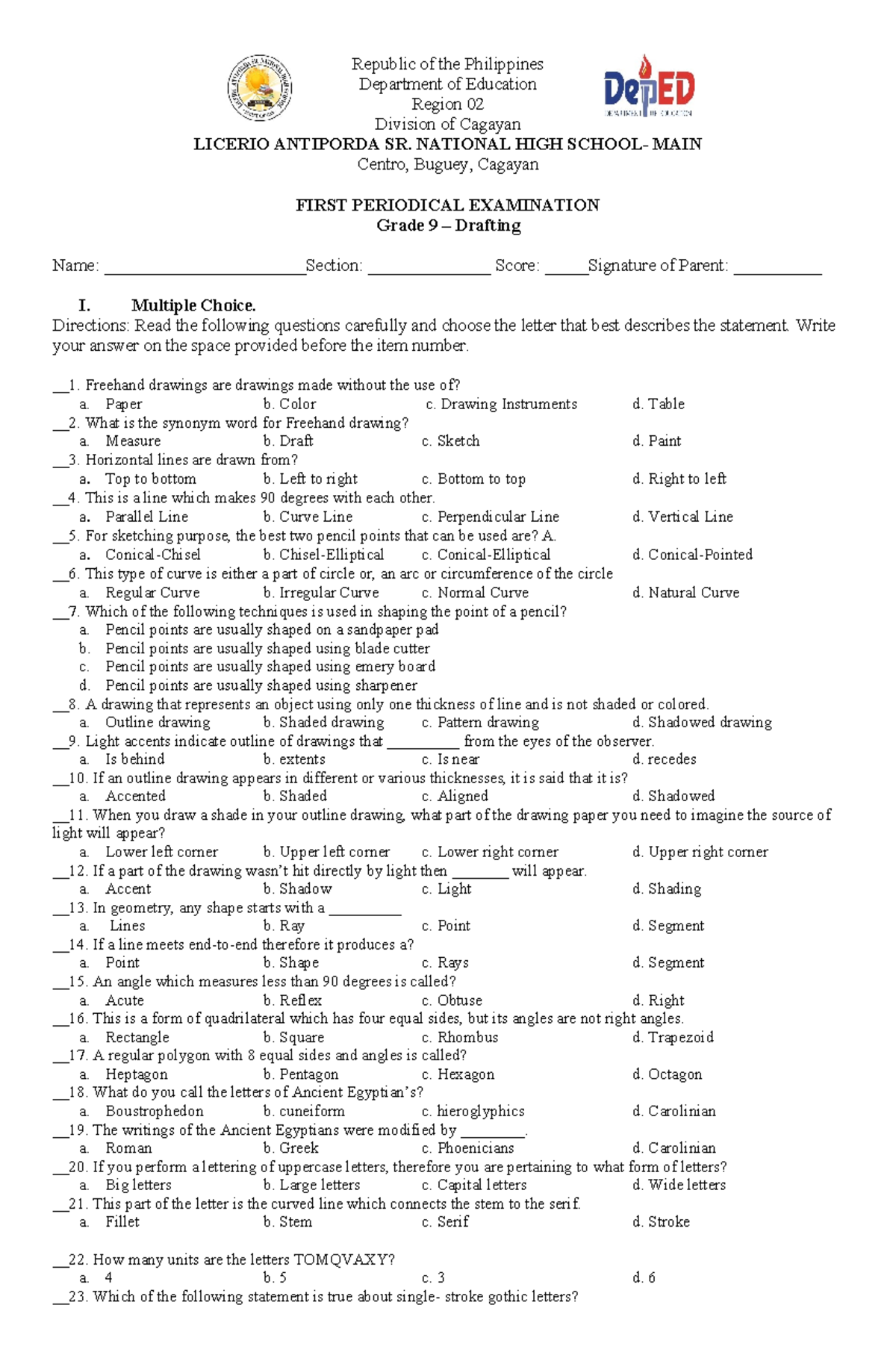 1st Periodic TEST Drafting - Republic of the Philippines Department of ...