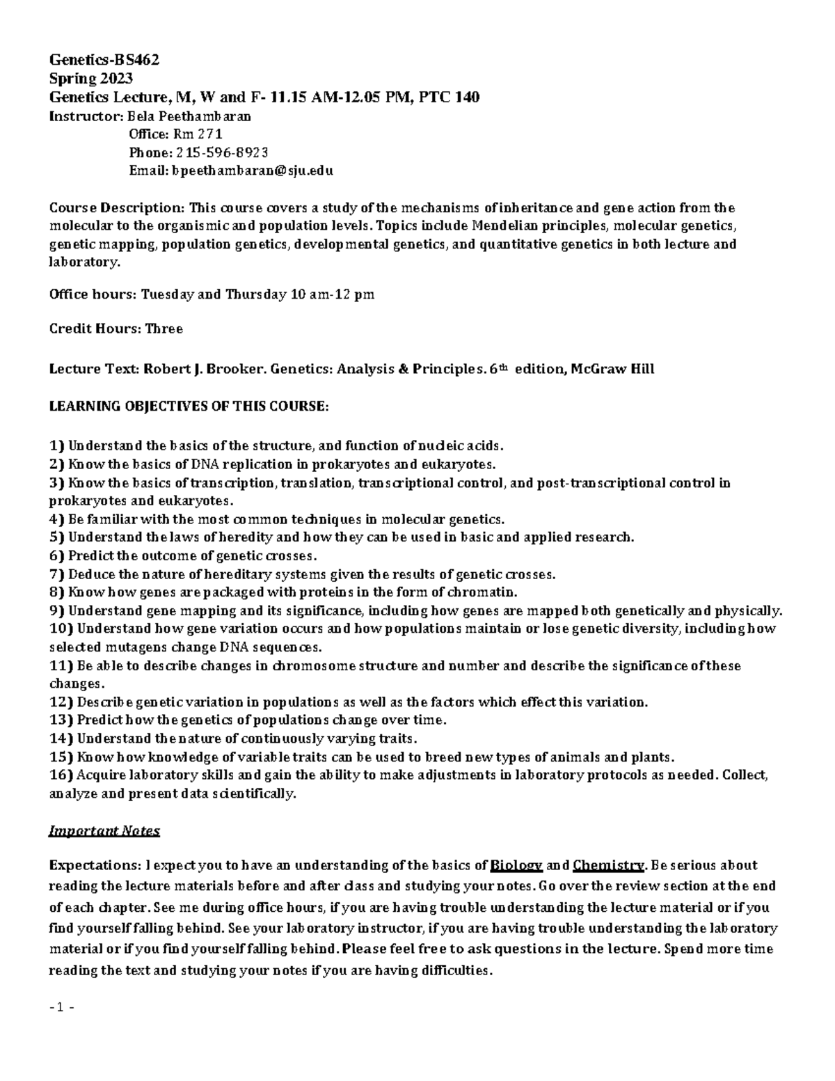 Syllabus Spring 2023 Genetics 462 BP - Genetics-BS Spring 2023 Genetics ...