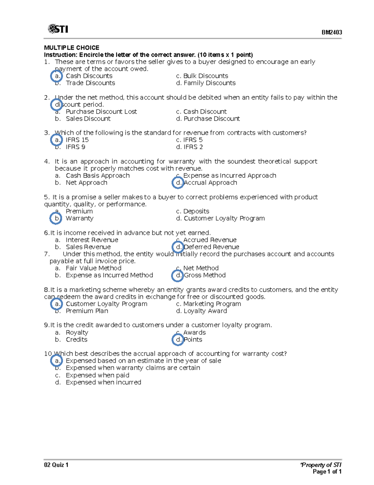 Int Acc 2 02 Quiz 1 - Sample Quiz - BM MULTIPLE CHOICE Instruction ...