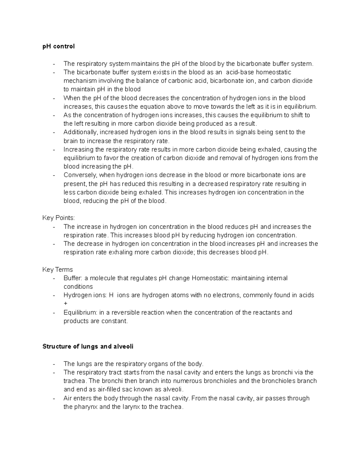 Respiratory System Part 2 - pH control The respiratory system maintains ...