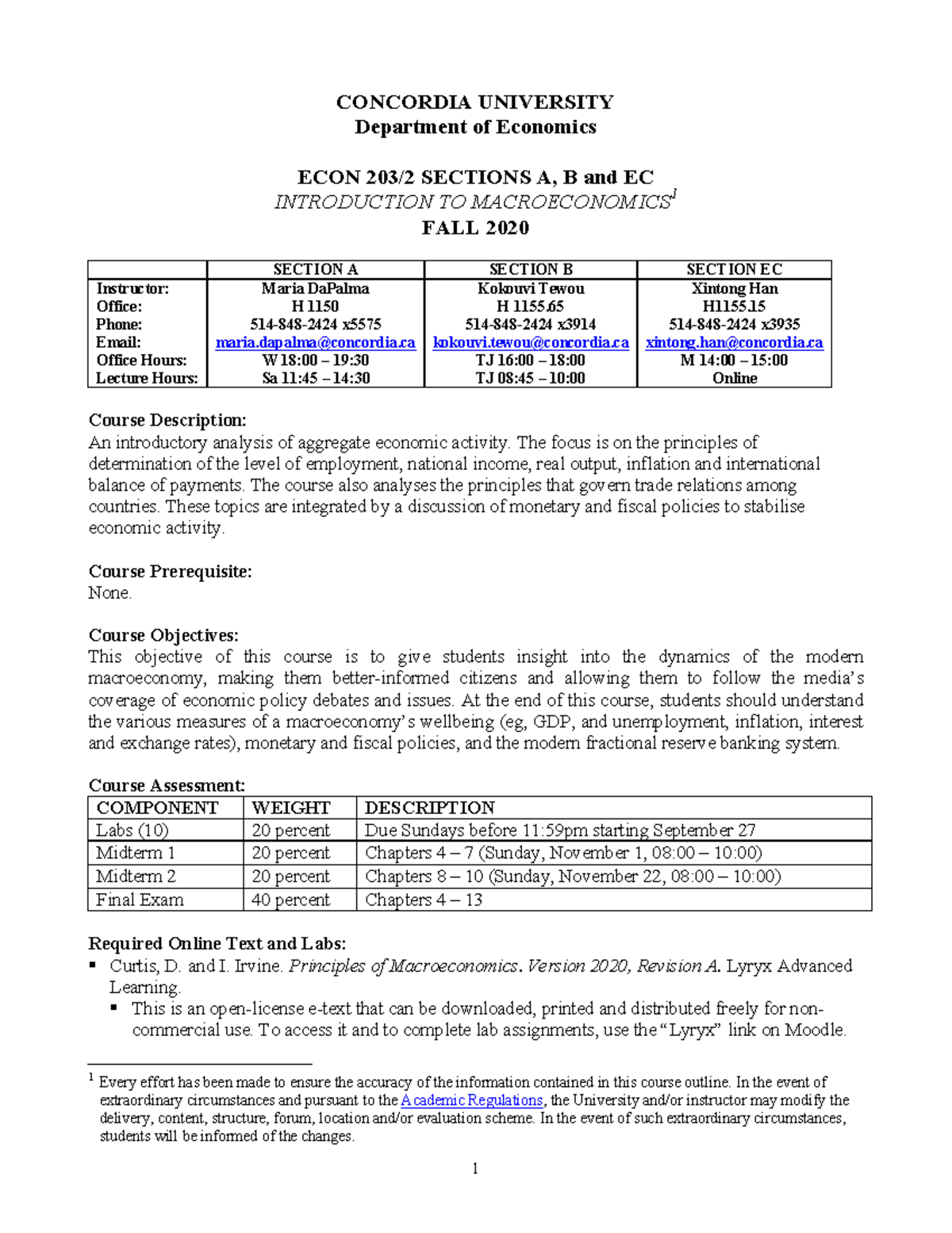 ECON203 Outline (2020F - Da Palma) - CONCORDIA UNIVERSITY Department Of ...