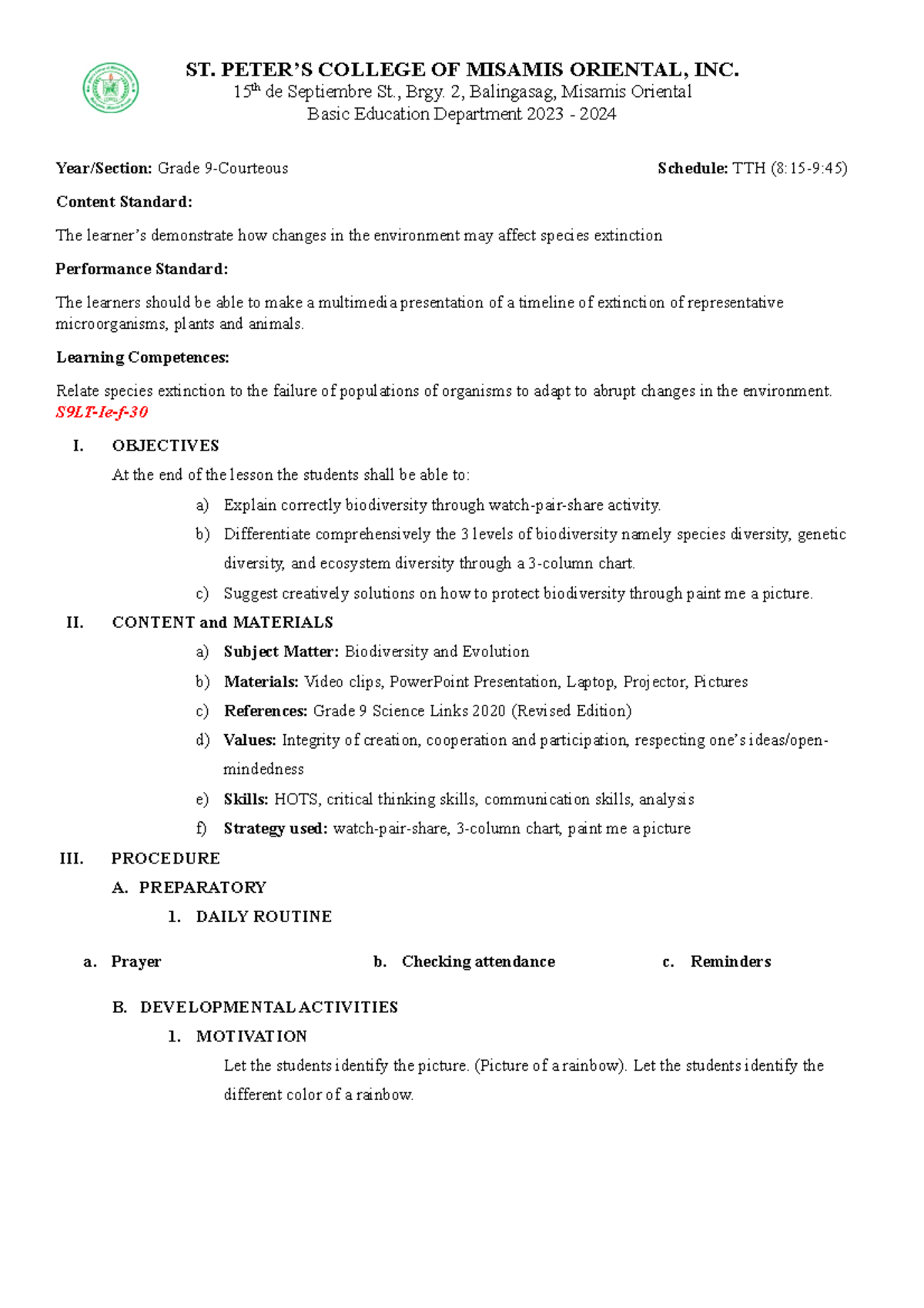 Science 9 - A sample test questioner - ST. PETER’S COLLEGE OF MISAMIS ...