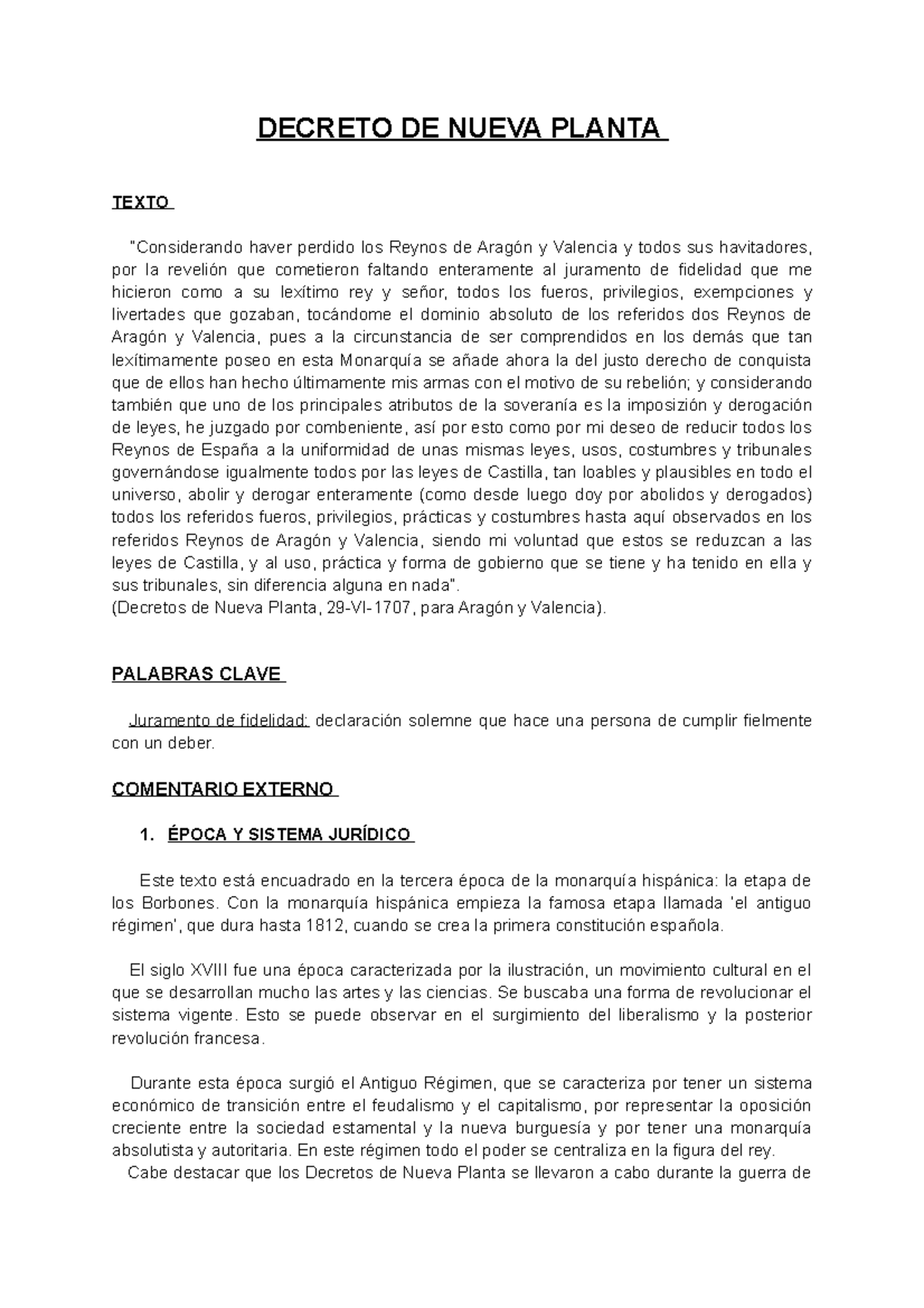 Comentario Decreto Nueva Planta DECRETO DE