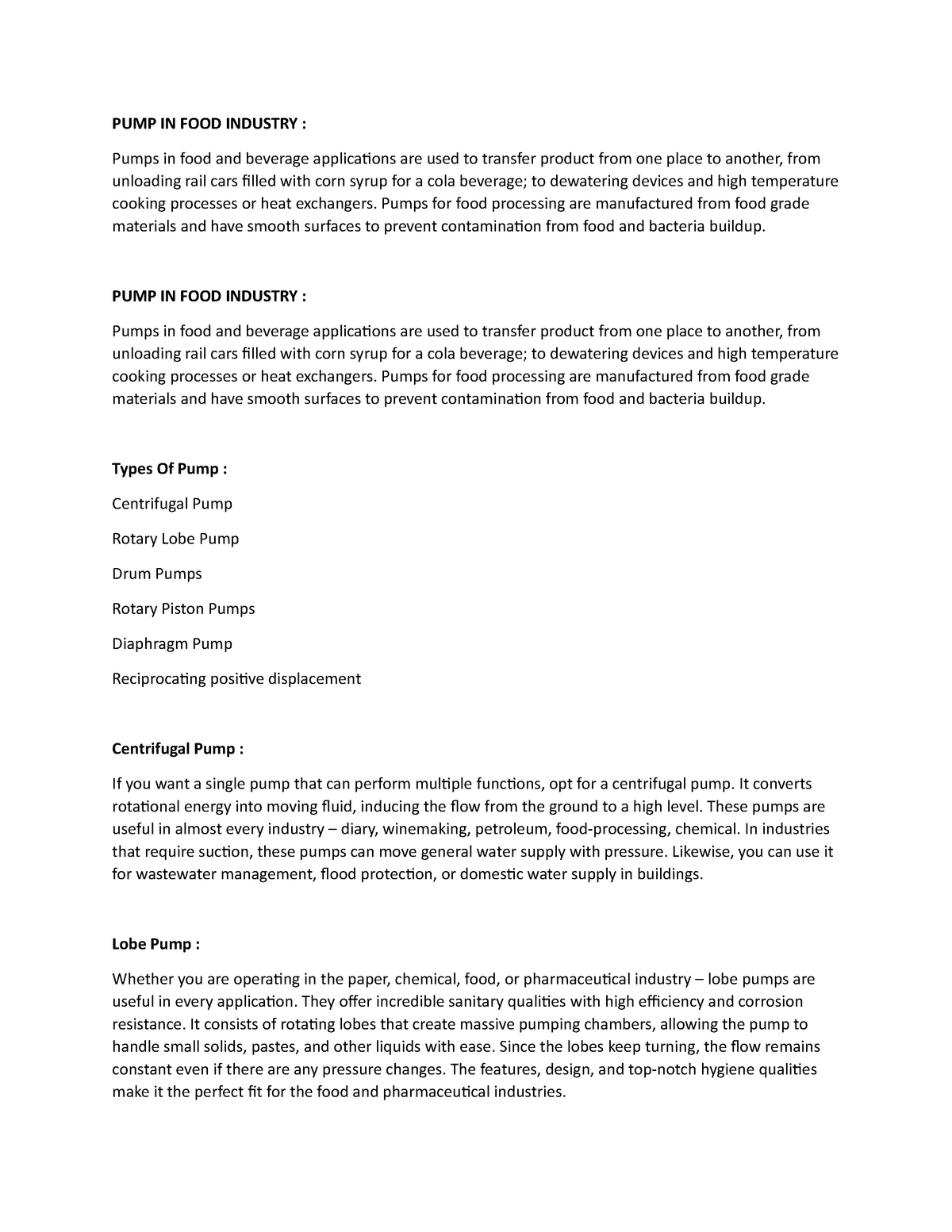 Types Of Pump - Lecture notes 1-5 - PUMP IN FOOD INDUSTRY : Pumps in ...