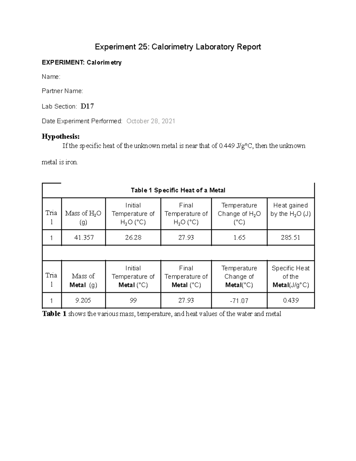 calorimetry experiment report