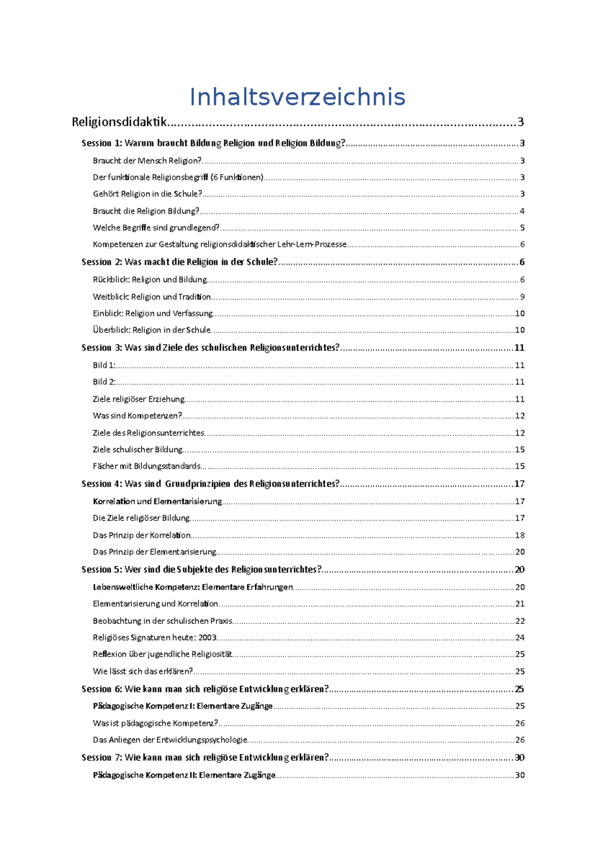 Grundlagen Religionsdidaktik - Inhaltsverzeichnis - Studocu