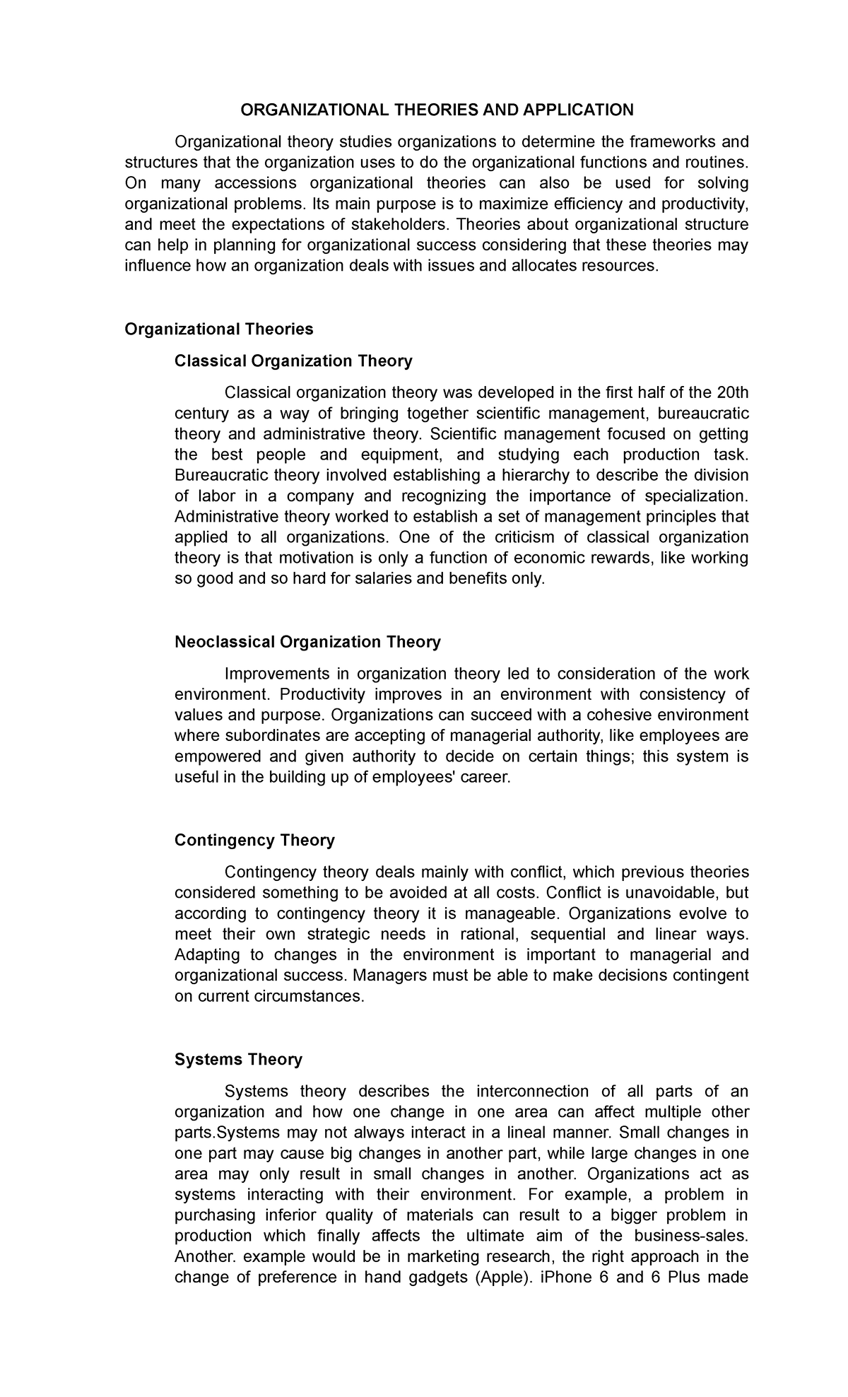 Organizational Theories And Application Organizational Theories And Application Organizational 9100