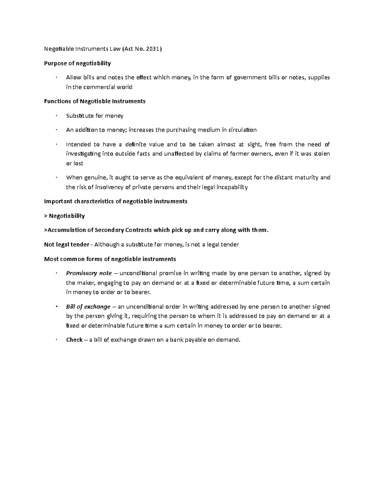 Negotiable Instruments Law - 2031) Purpose of negotiability Allow bills ...
