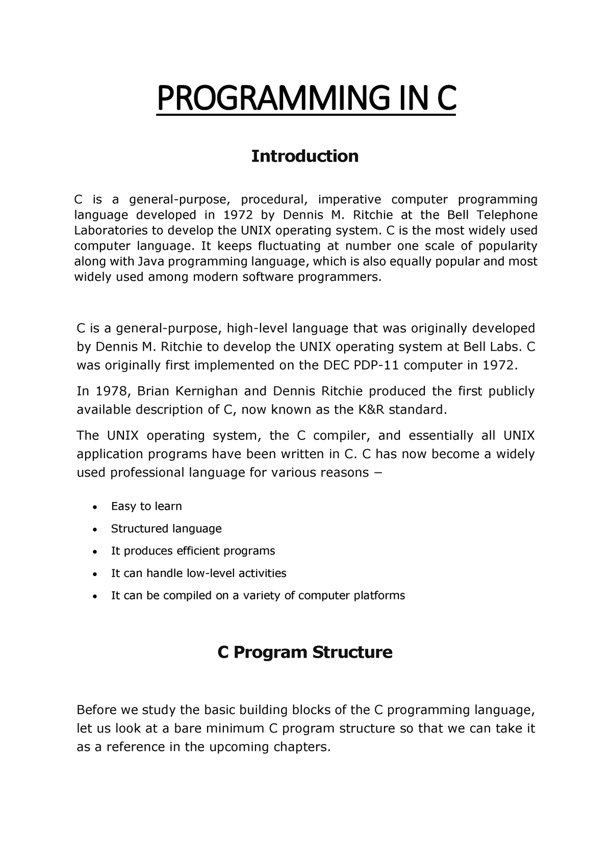 C Notes - PROGRAMMING IN C Introduction - PROGRAMMING IN C Introduction ...