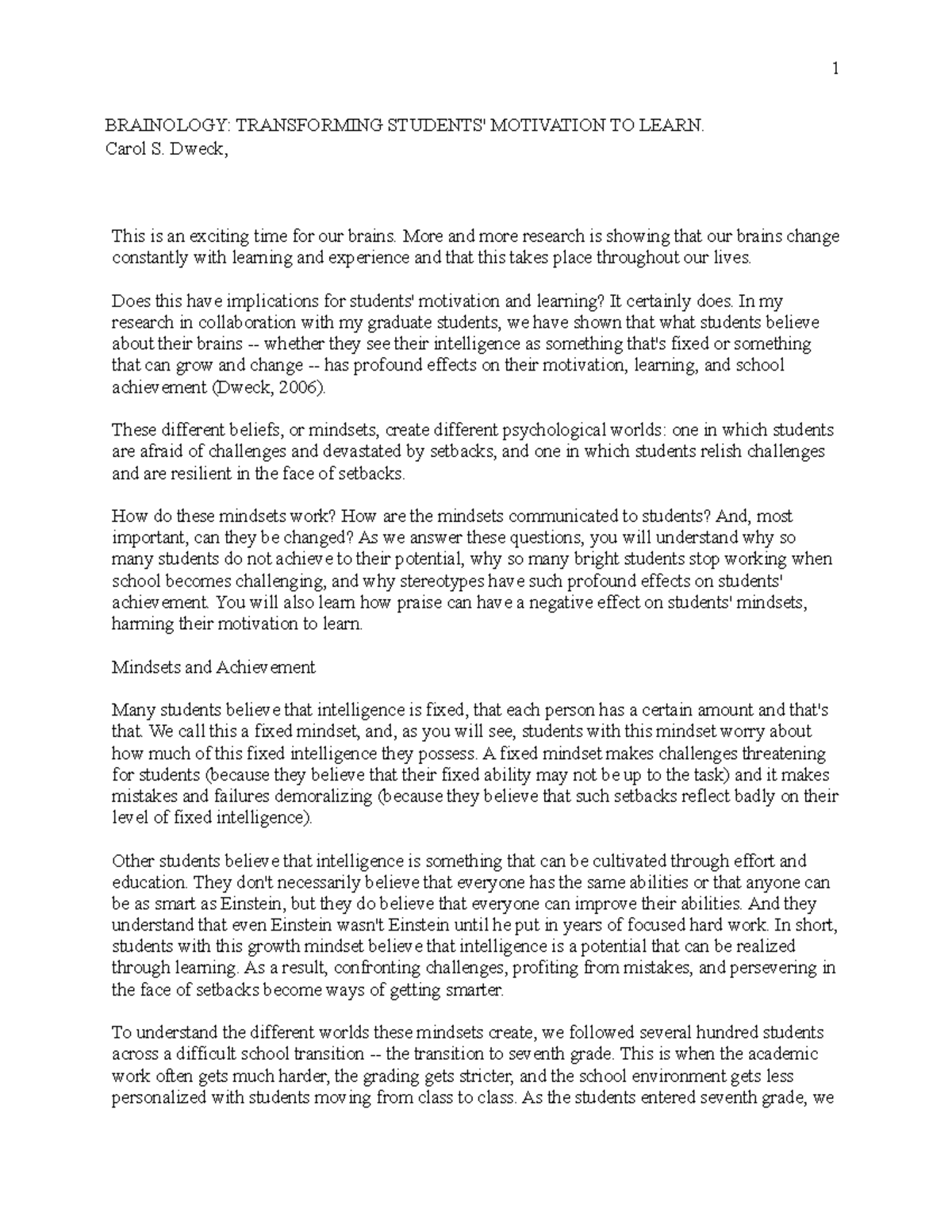 Brainology excellence BRAINOLOGY TRANSFORMING STUDENTS' MOTIVATION