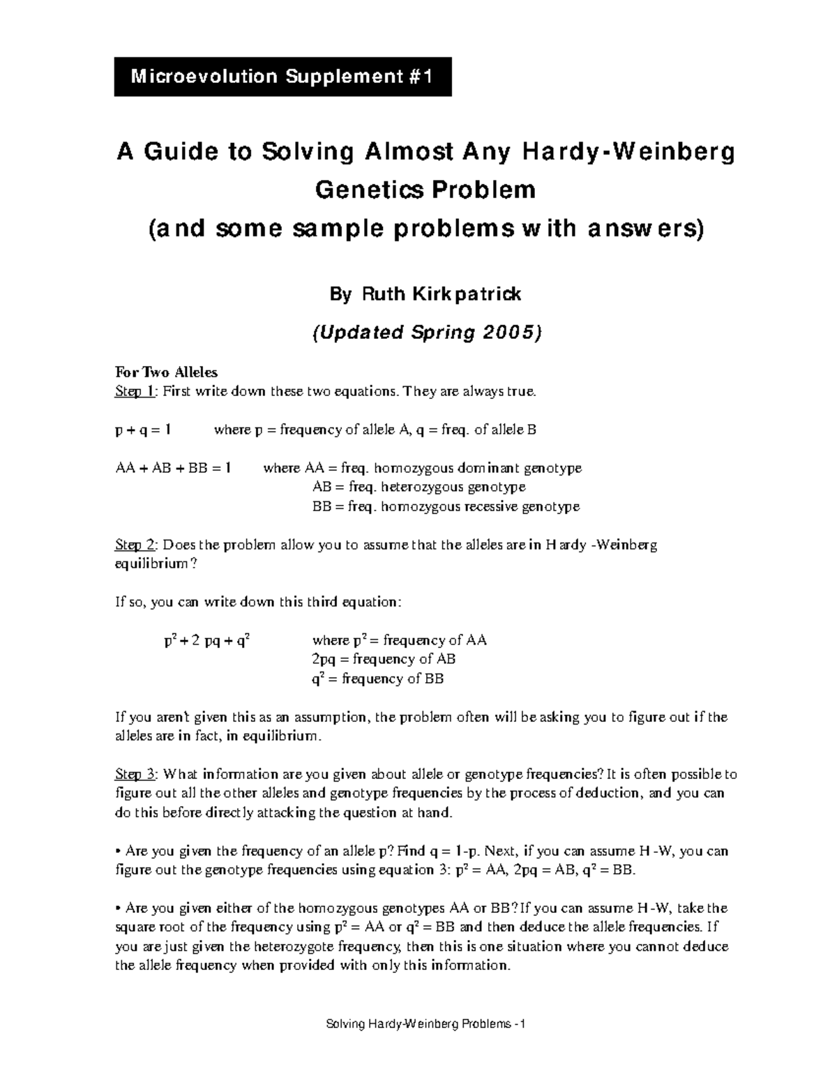 Hardy Weinberg Guide Questions 1 - Microevolution Supplement A Guide to ...