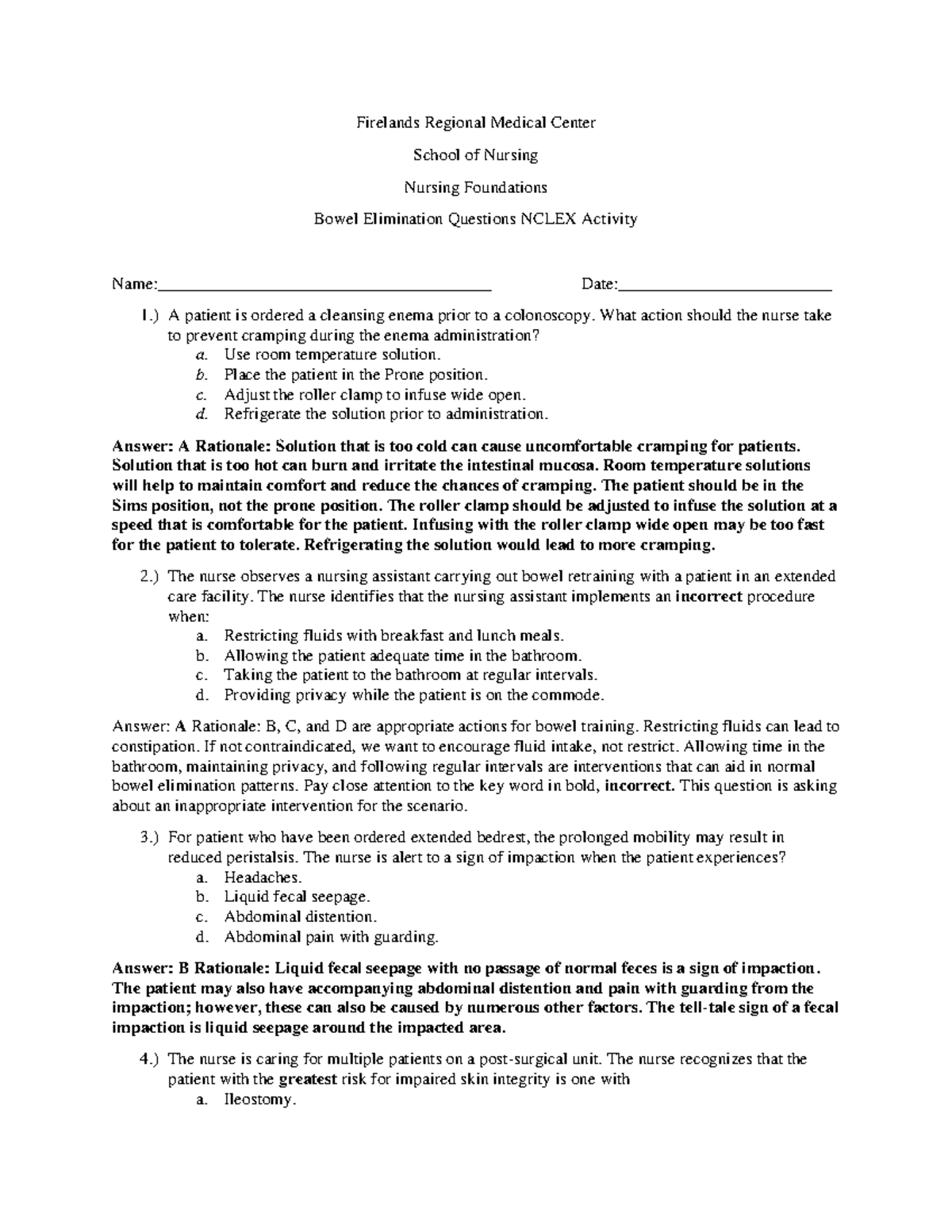 Bowel Elimination Nclex Activity - KEY - Firelands Regional Medical ...