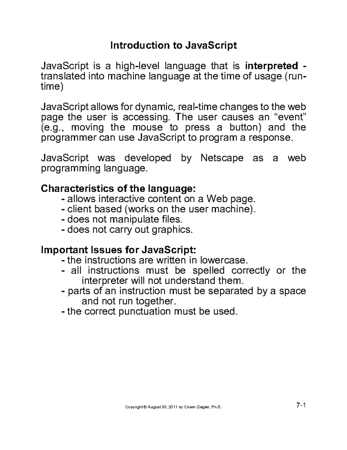 CORC1312 PT7 F11 - Introduction to JavaScript - Introduction to ...