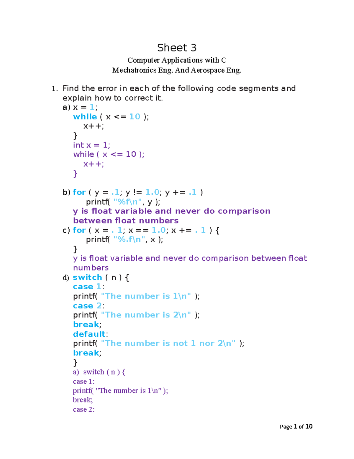 Sheet 3 - Sheet 3 Computer Applications with C Mechatronics Eng. And ...