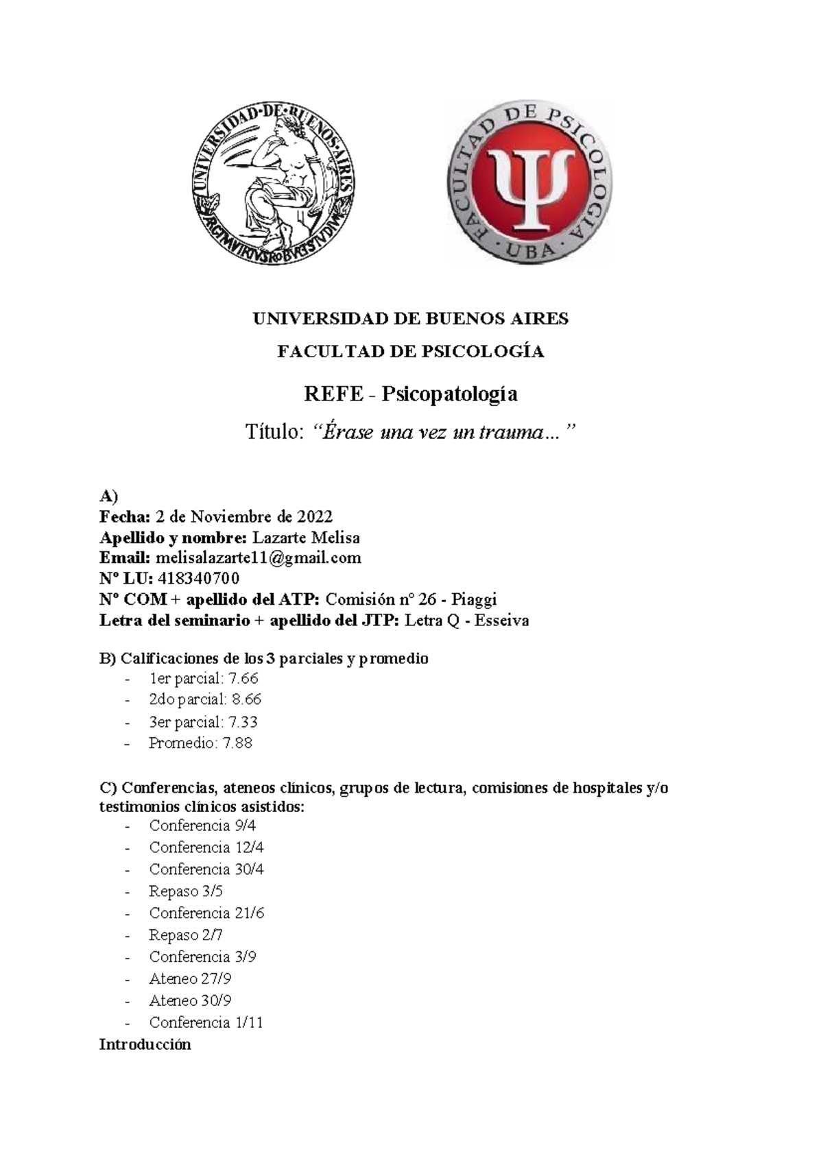 REFE REFE - Examen Refe - Psicopatología Schejtman - UNIVERSIDAD DE ...