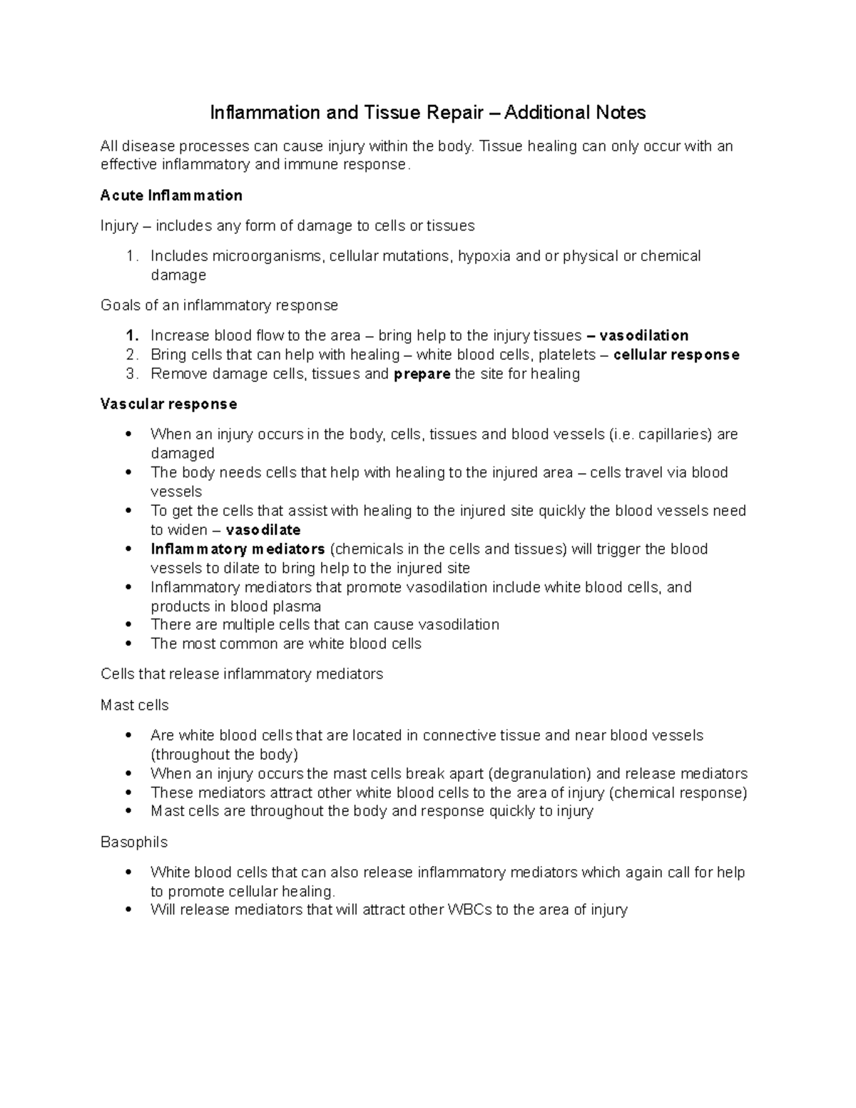 Inflammation Notes - Inflammation and Tissue Repair – Additional Notes ...