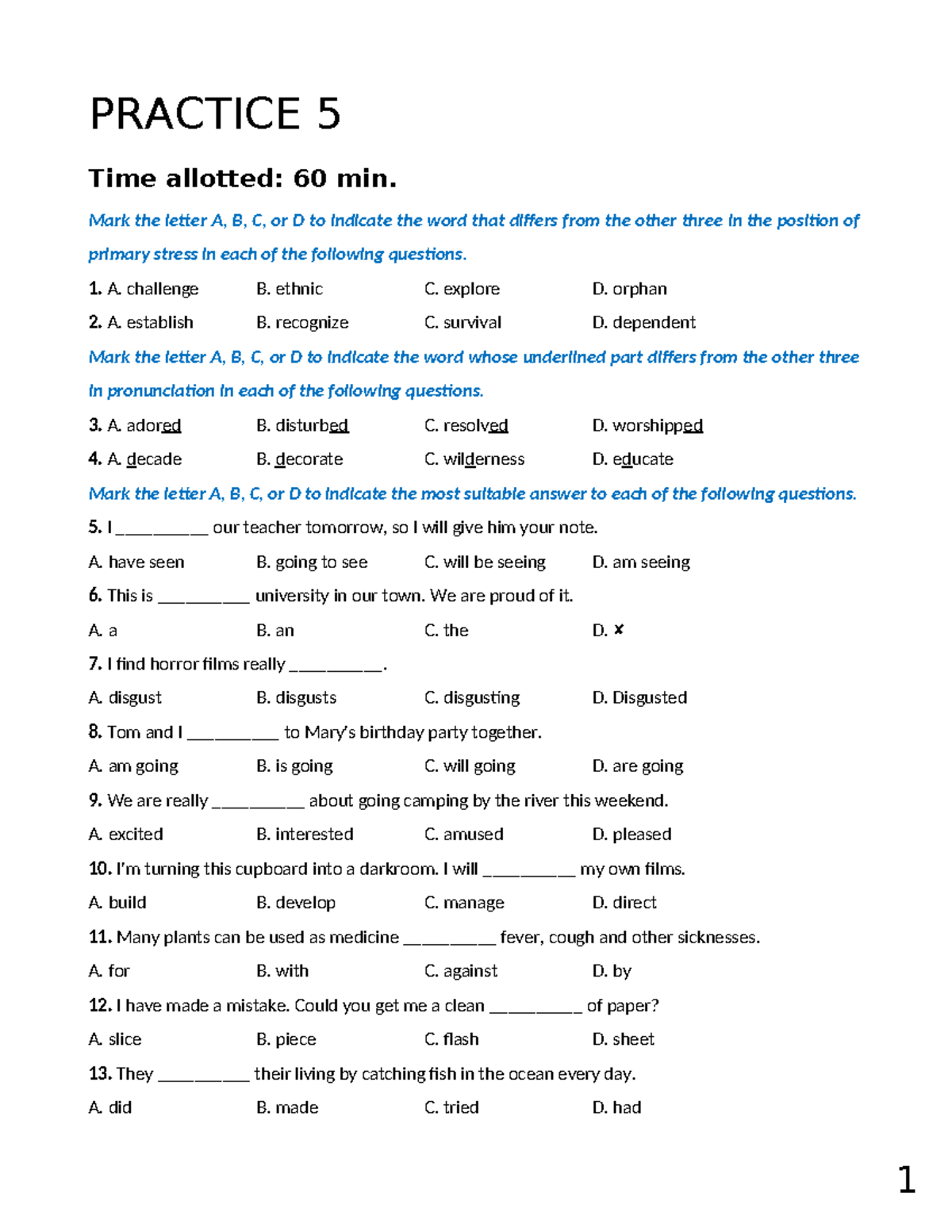 5. Practice 5 - PRACTICE 5 Time Allotted: 60 Min. Mark The Letter A, B ...