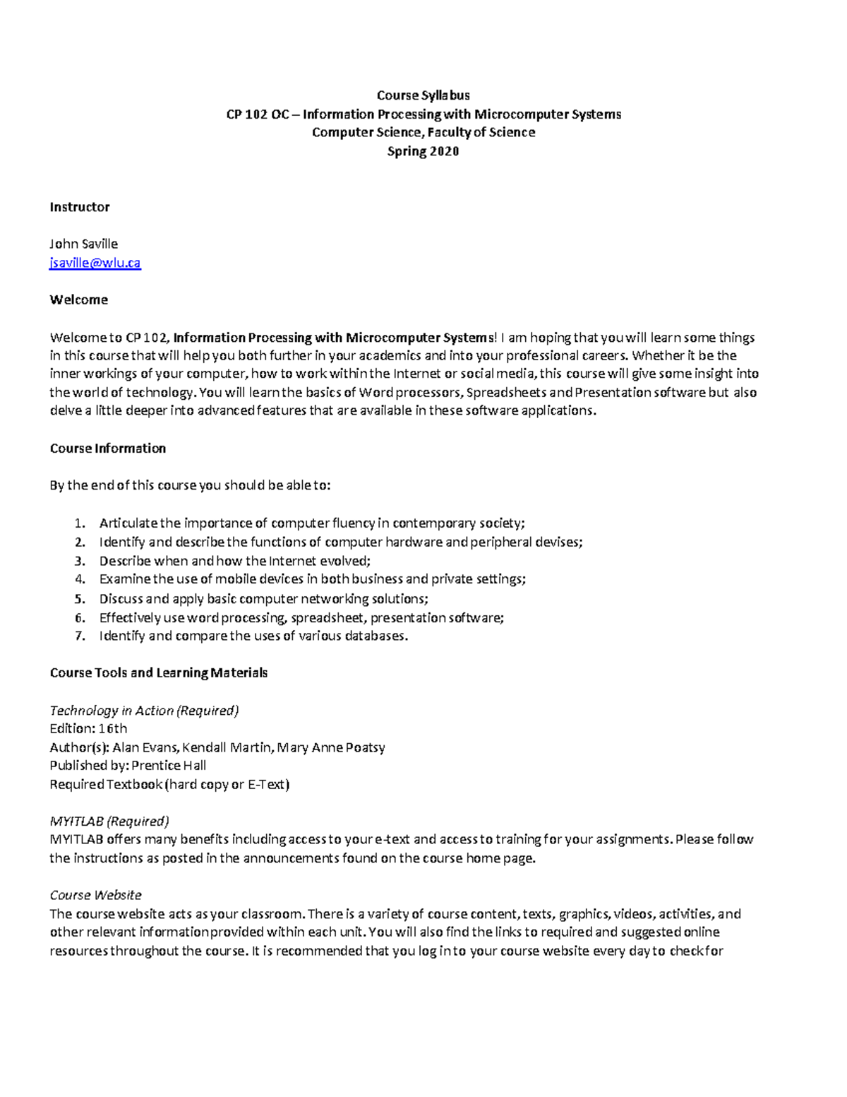 CP 102 OC Information Processing with Microcomputer Systems Course ...