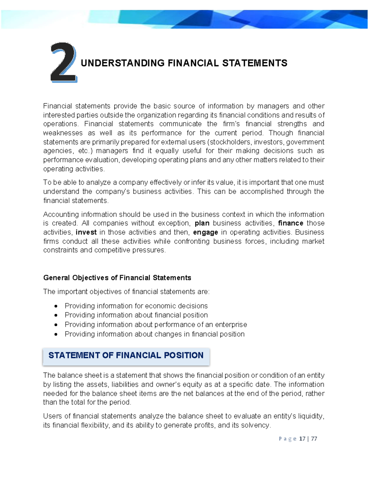 Chapter 2 Financial Management - STATEMENT OF FINANCIAL POSITION ...