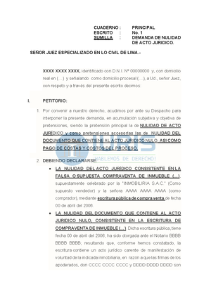 Demanda de Nulidad de Acto Jurídico Año 2020 - CUADERNO : PRINCIPAL ESCRITO  : No. 1 SUMILLA : - Studocu