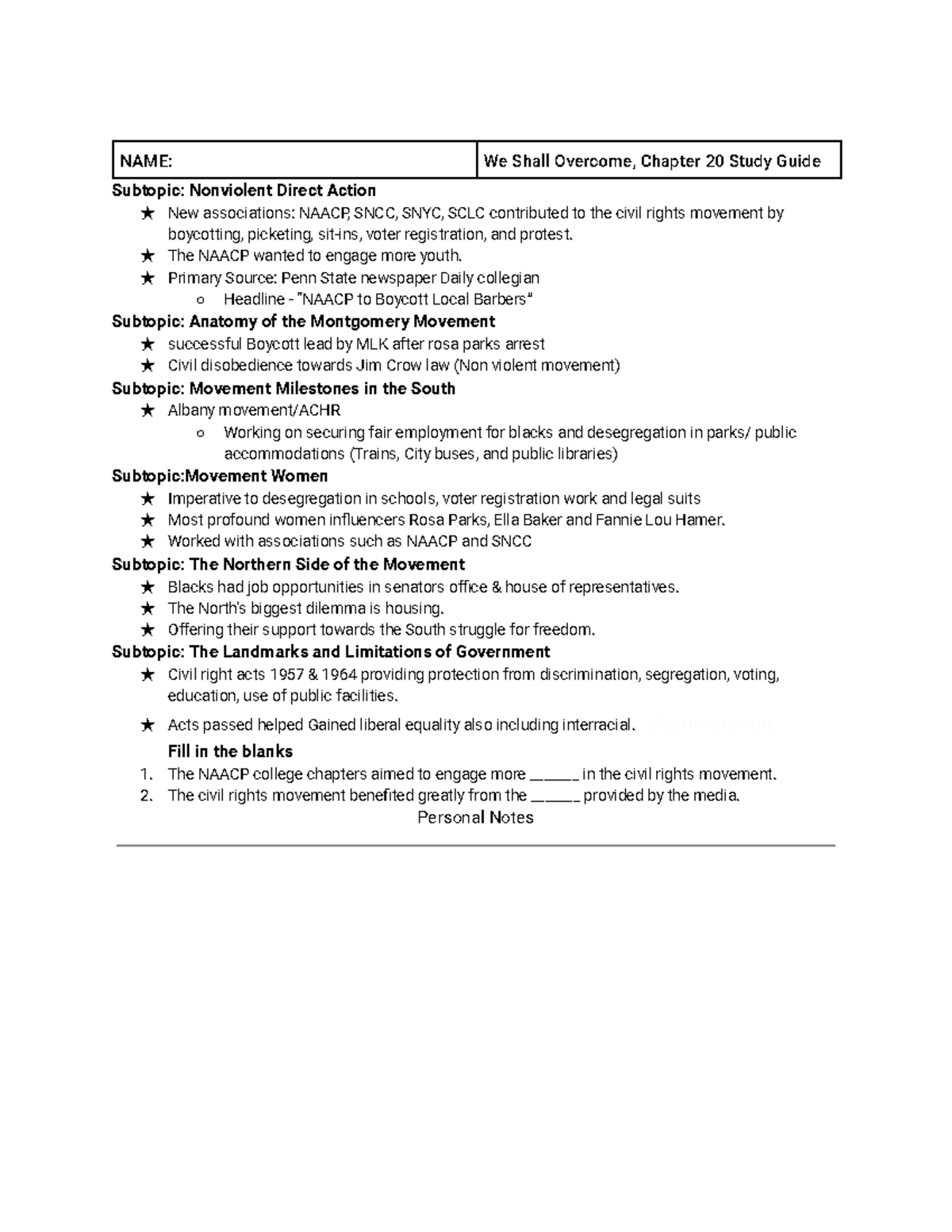 Study Guide 1 (the glass castle) - NAME: We Shall Overcome, Chapter 20 ...