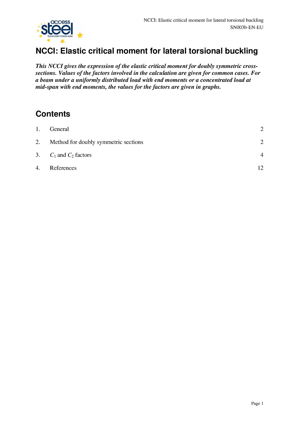 SN003b NCCI Reference SN003bENEU NCCI Elastic critical moment