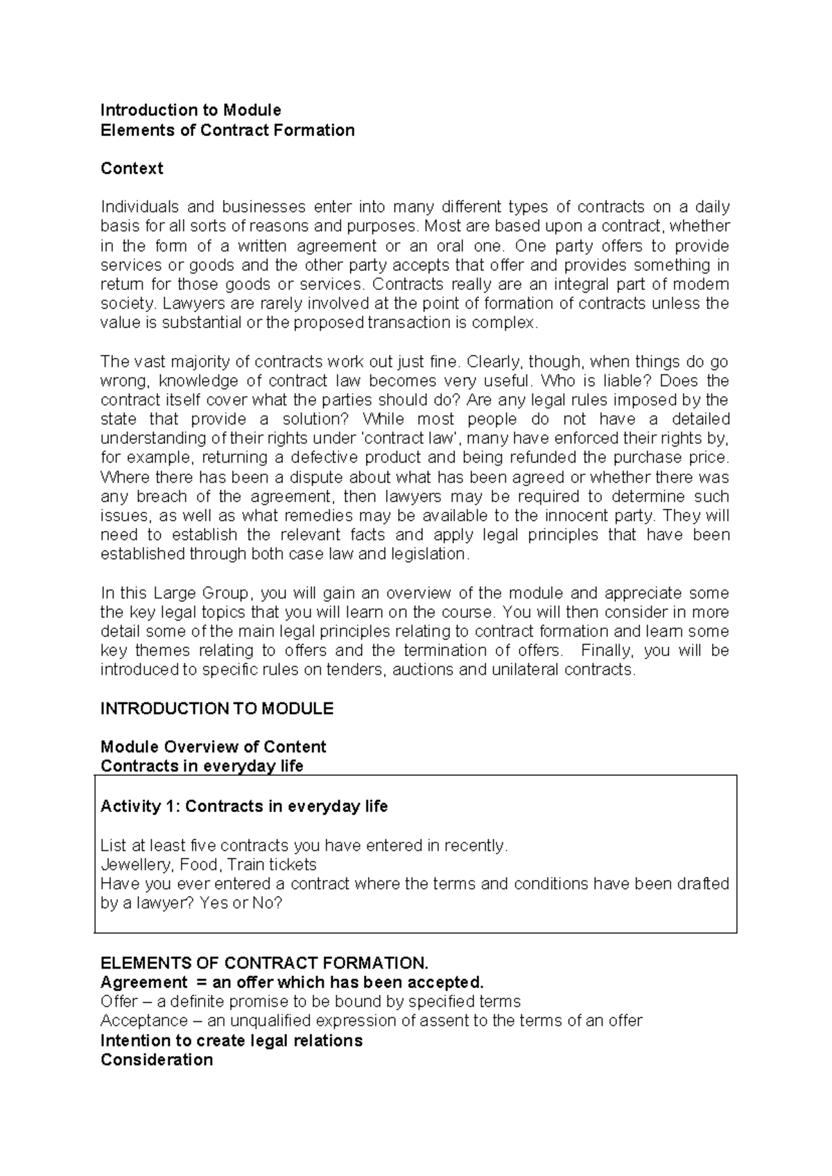 Contract Law- Unit 1 - Introduction to Contract Law - Introduction to ...