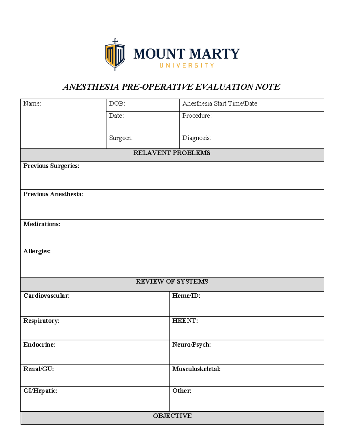 MMU Anesthesia Preop Eval Note - ANE-600-01 - ANESTHESIA PRE-OPERATIVE ...