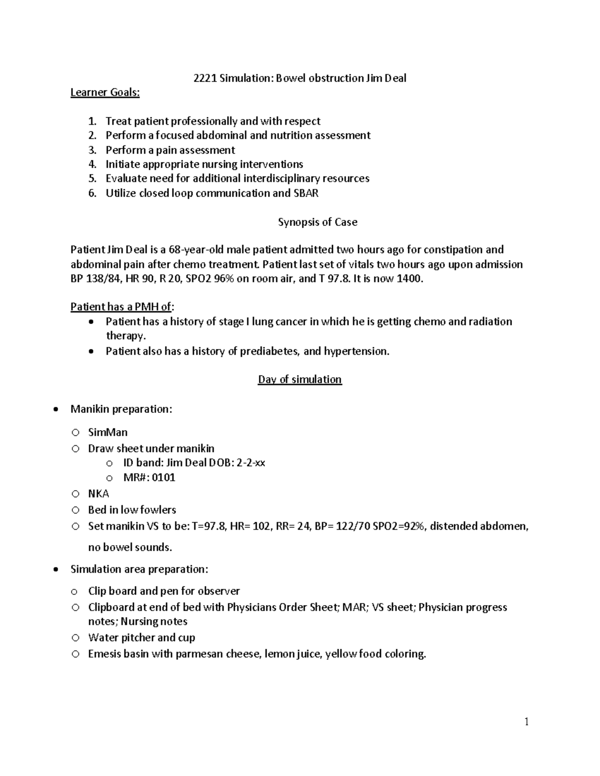 Bowel Obstruction Case study 2221 Simulation Bowel obstruction Jim
