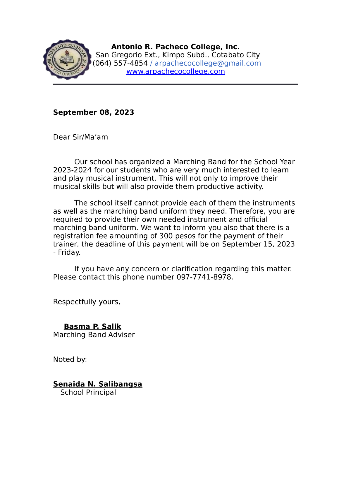 Sample Letter for Drum and Lyre Antonio R. Pacheco College, Inc. San