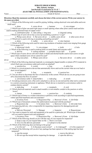 1st Quarter Exam In TLE 9 EIM 2019-2020 - SEBASTE HIGH SCHOOL Idio ...