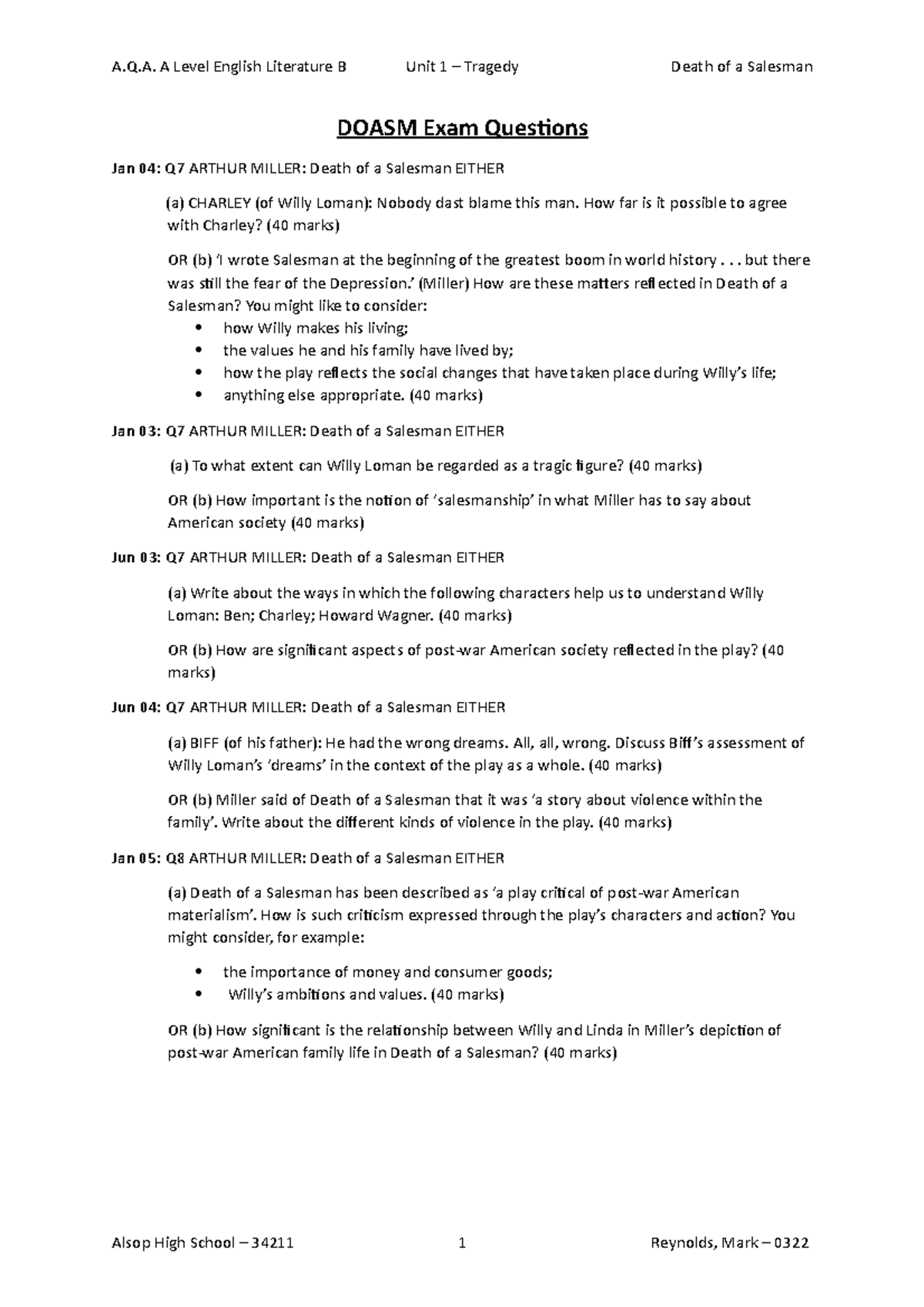 Death of a Salesman past questions A.Q. A Level English Literature B