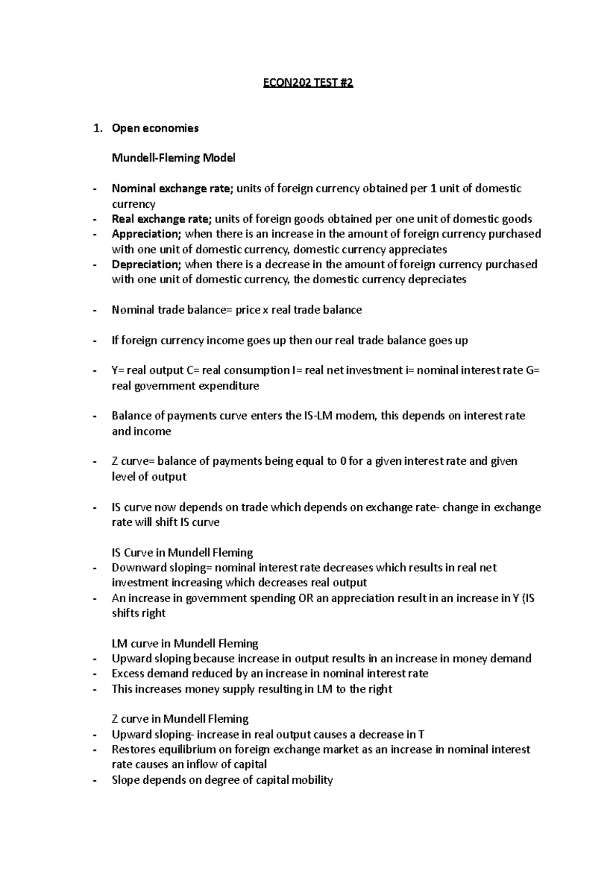 ECON202 TEST 2 - Test 2 Note - ECON202 TEST Open Economies Mundell ...