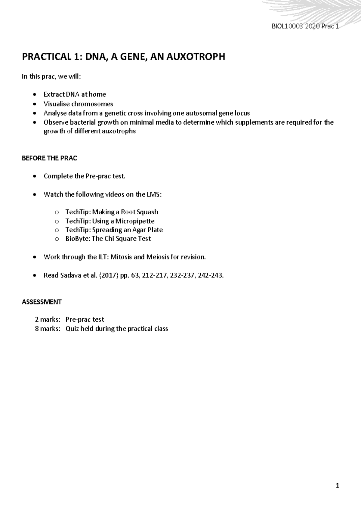 BIOL10003 Practical Manual 2020 Prac 1 Student - PRACTICAL 1: DNA, A ...