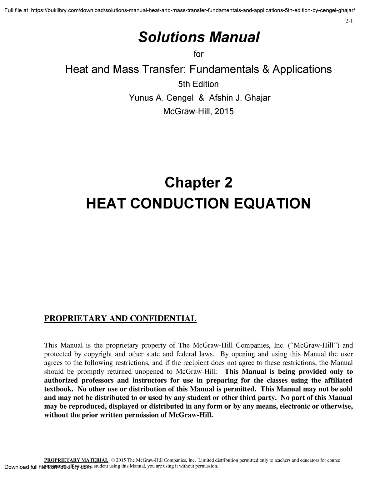 Solutions Manual Heat And Mass Transfer - PROPRIETARY MATERIAL. © 2015 ...