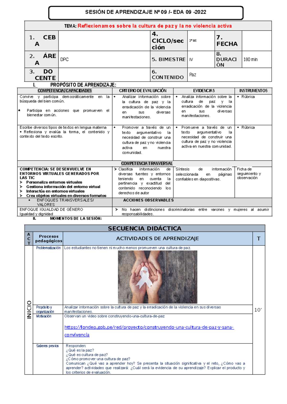 3°intsesion 9-exp9sem2 - TEMA: Reflexionamos sobre la cultura de paz y ...