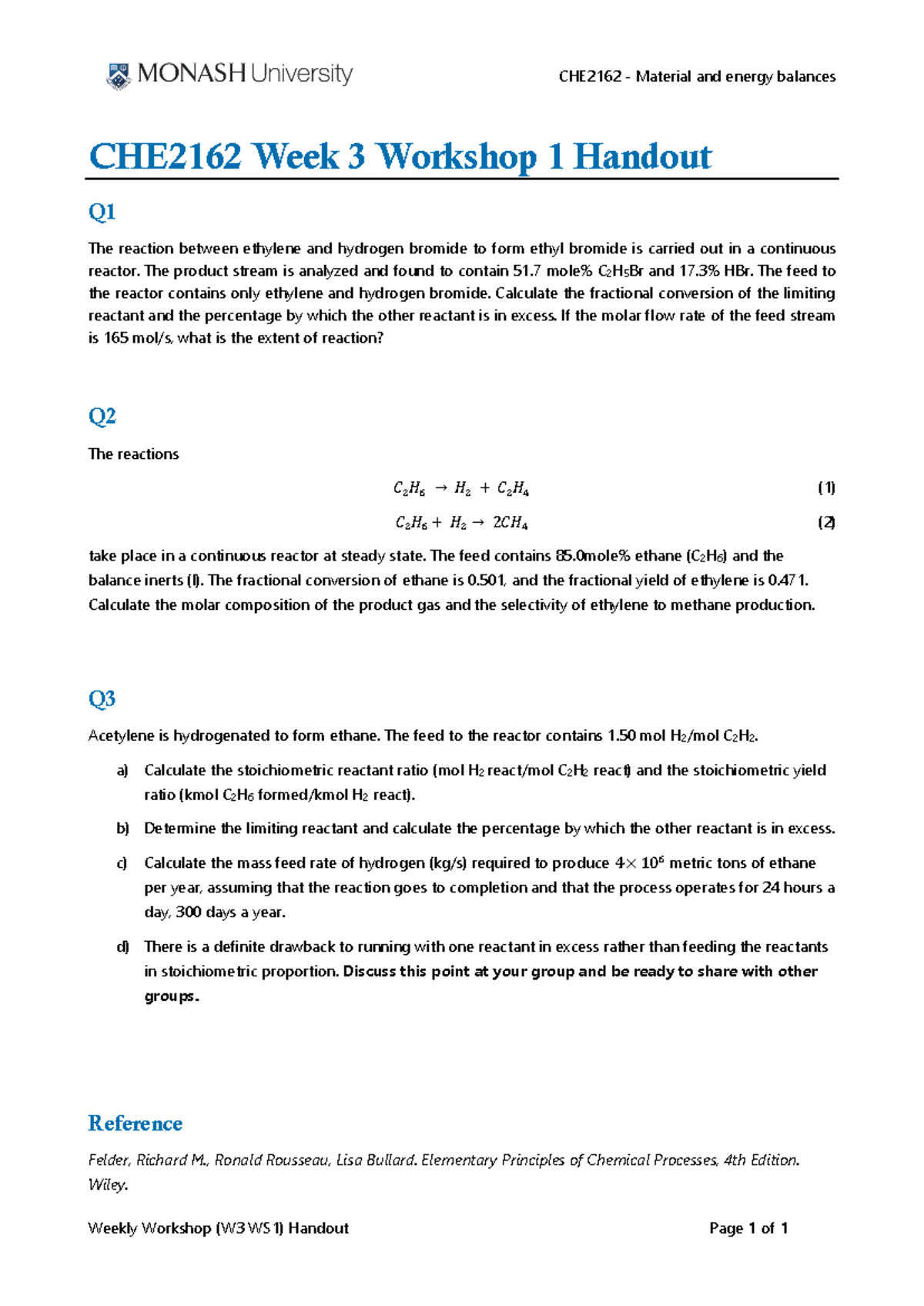 CHE2162 W3 WS1 Handout - Week 3 Workshop 1 notes - CHE 2162 - Material ...