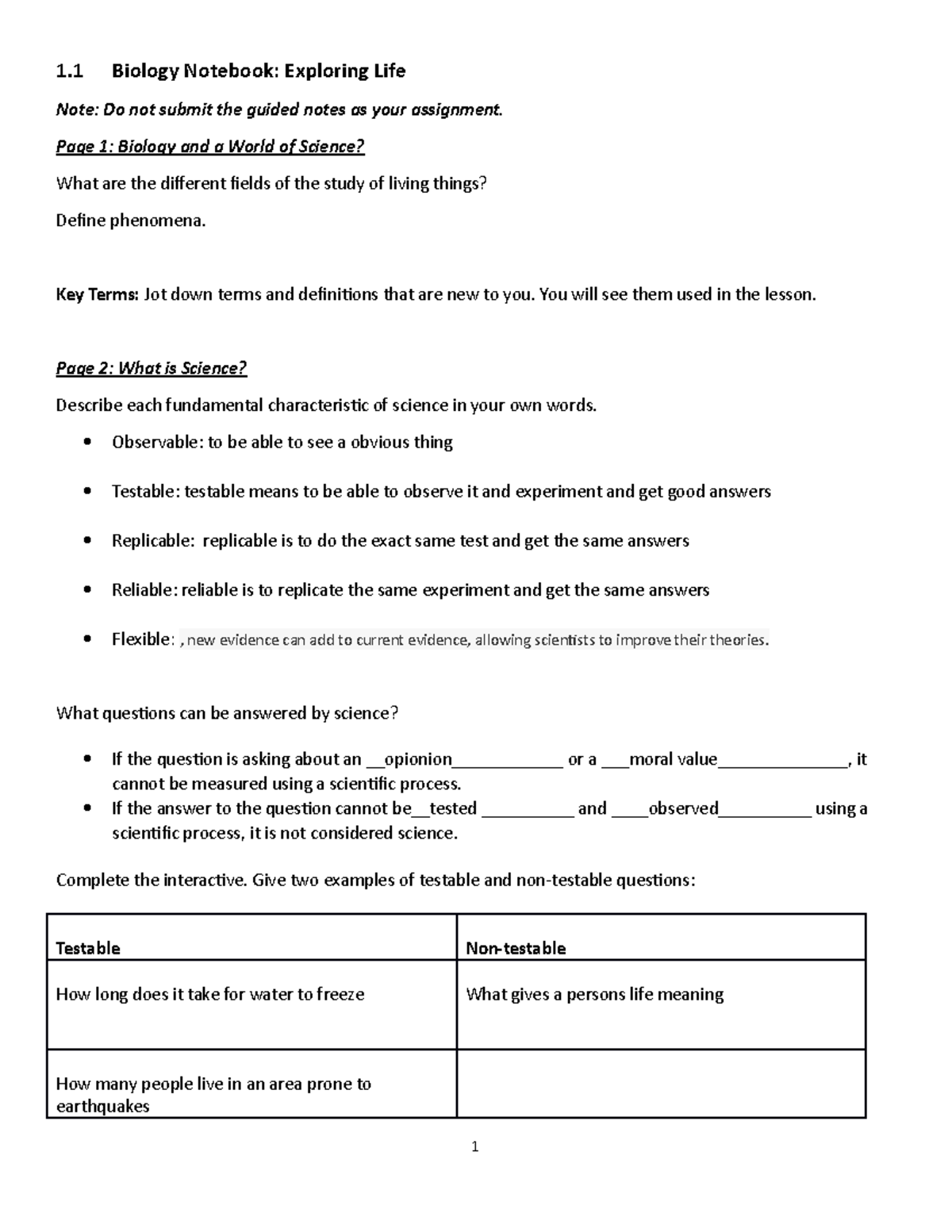 Biology report log - 1 Biology Notebook: Exploring Life Note: Do not ...